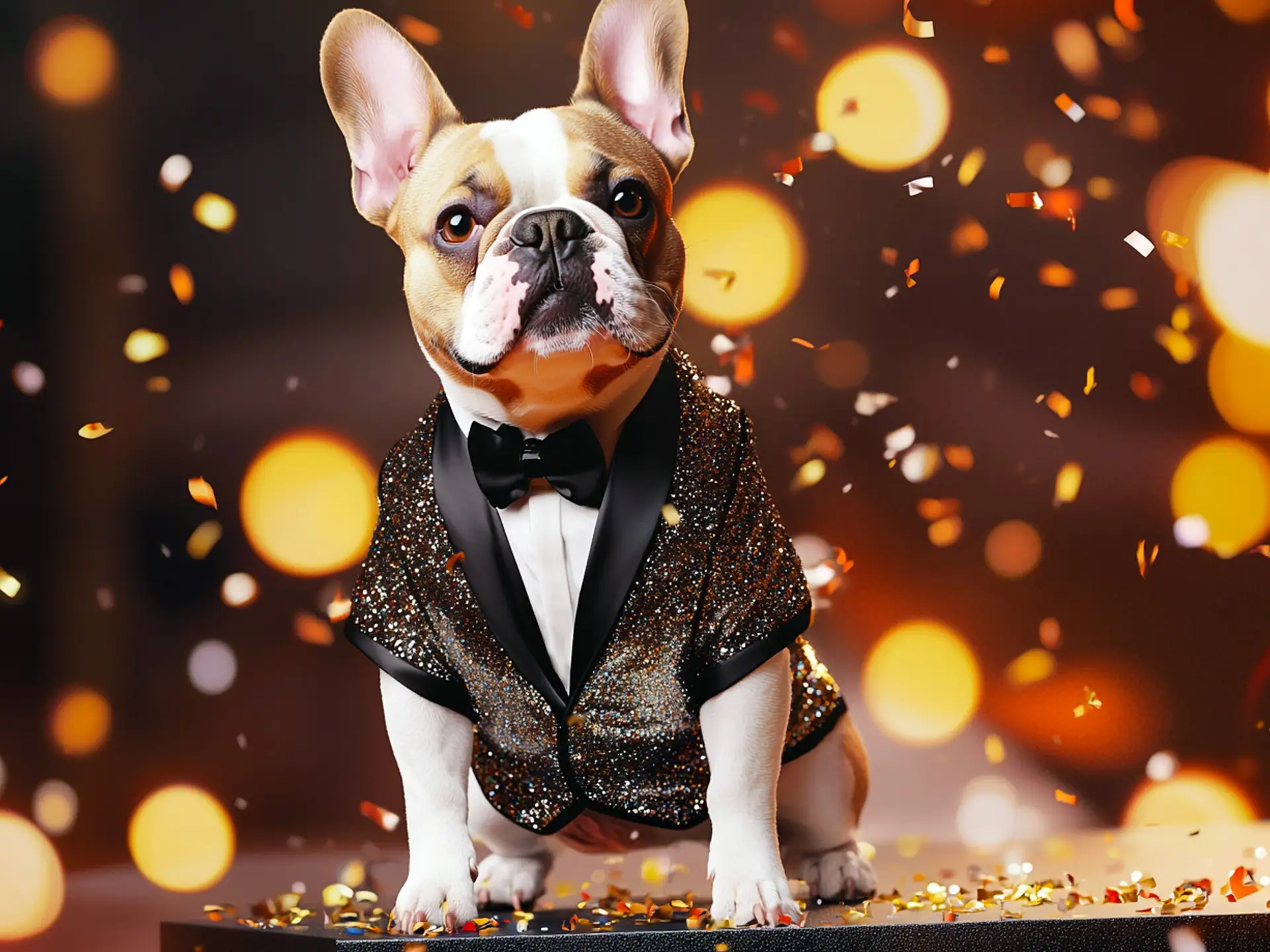 French Bulldog in a glittery tuxedo with confetti falling, highlighting one of the top dog breeds for 2025