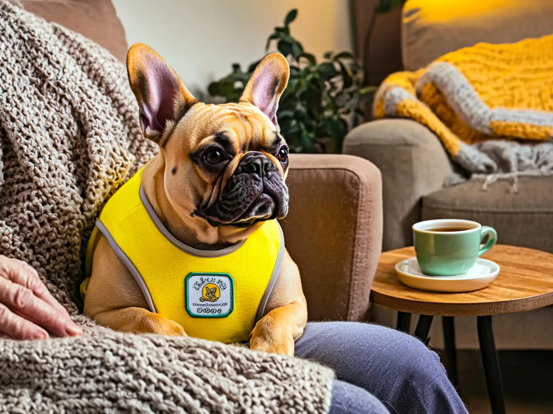 French Bulldog therapy dog wearing a yellow vest, sitting on a couch next to an elderly person, showcasing its calm and affectionate nature for emotional support.