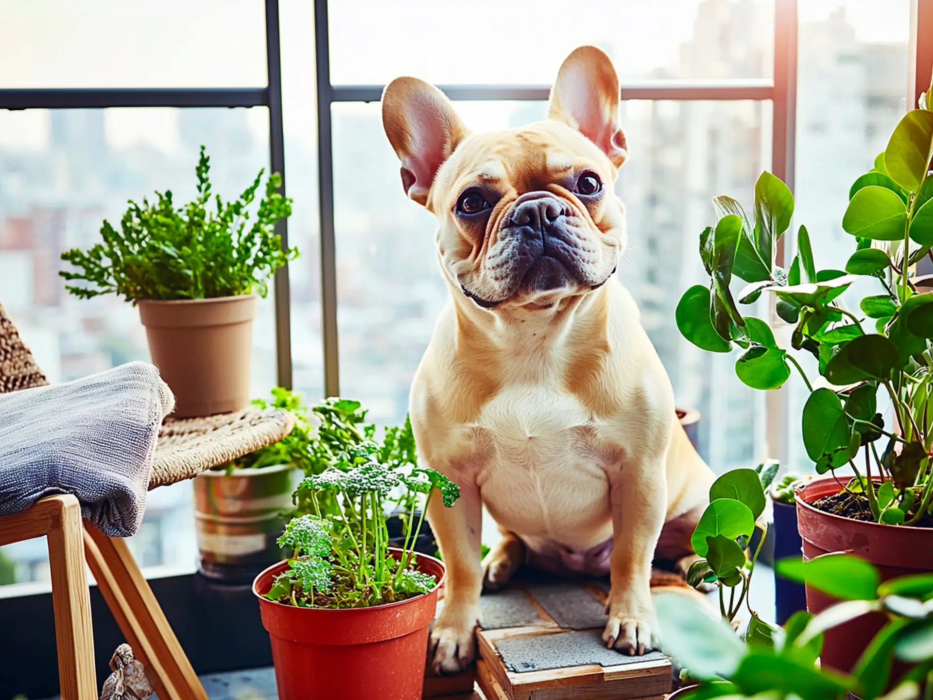 French Bulldog sitting on an urban apartment balcony, showcasing its low-maintenance needs and suitability for small spaces and city living