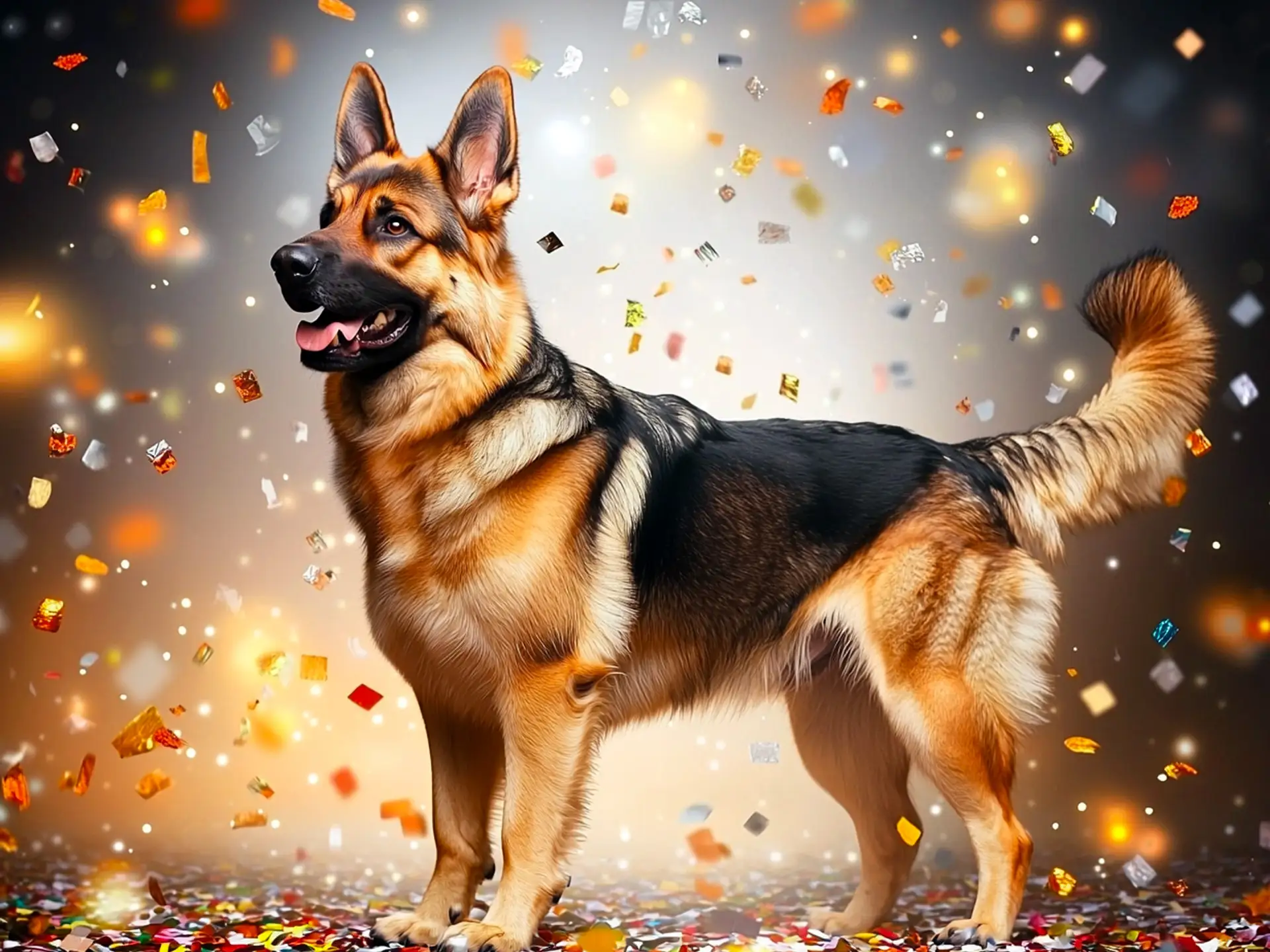 German Shepherd standing proudly amid colorful confetti, showcasing one of the most popular dog breeds of 2025