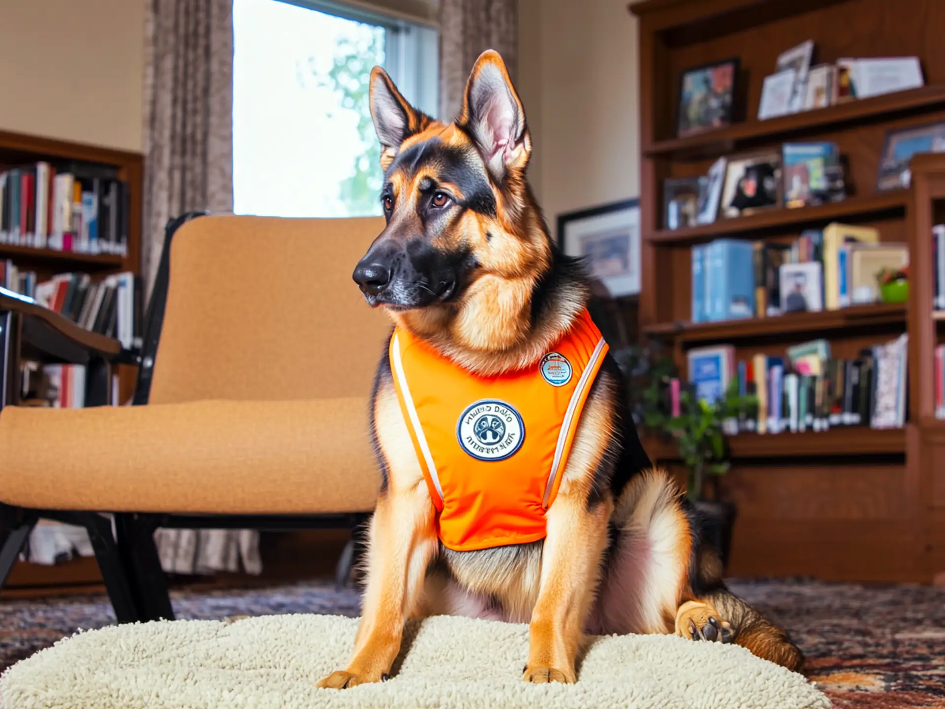 German Shepherd therapy dog wearing an orange vest, sitting calmly in a cozy therapy room, showcasing its intelligence and reliability for PTSD and anxiety support.