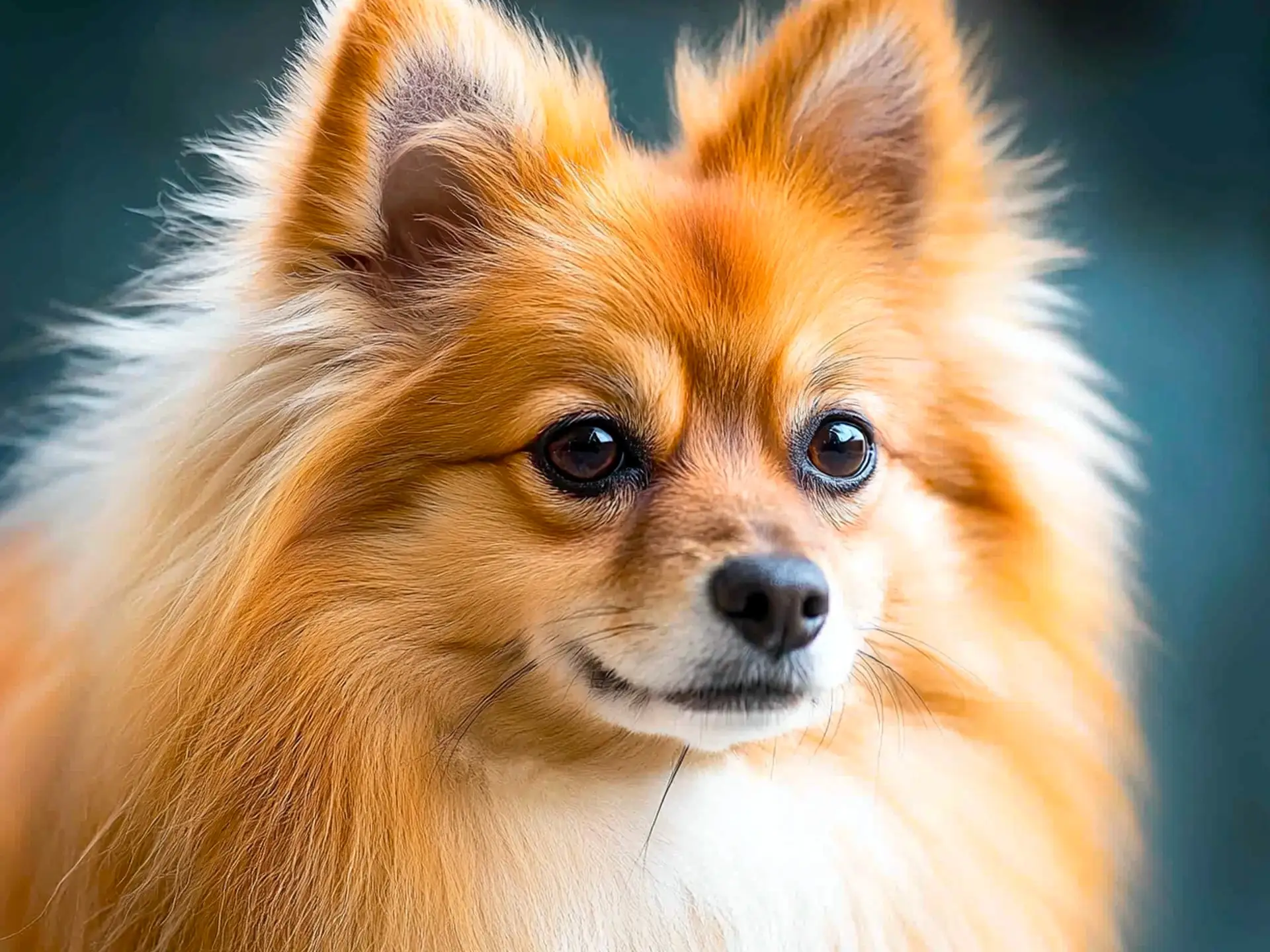 A close-up of a German Spitz's face with vibrant orange fur, perked ears, and dark, attentive eyes