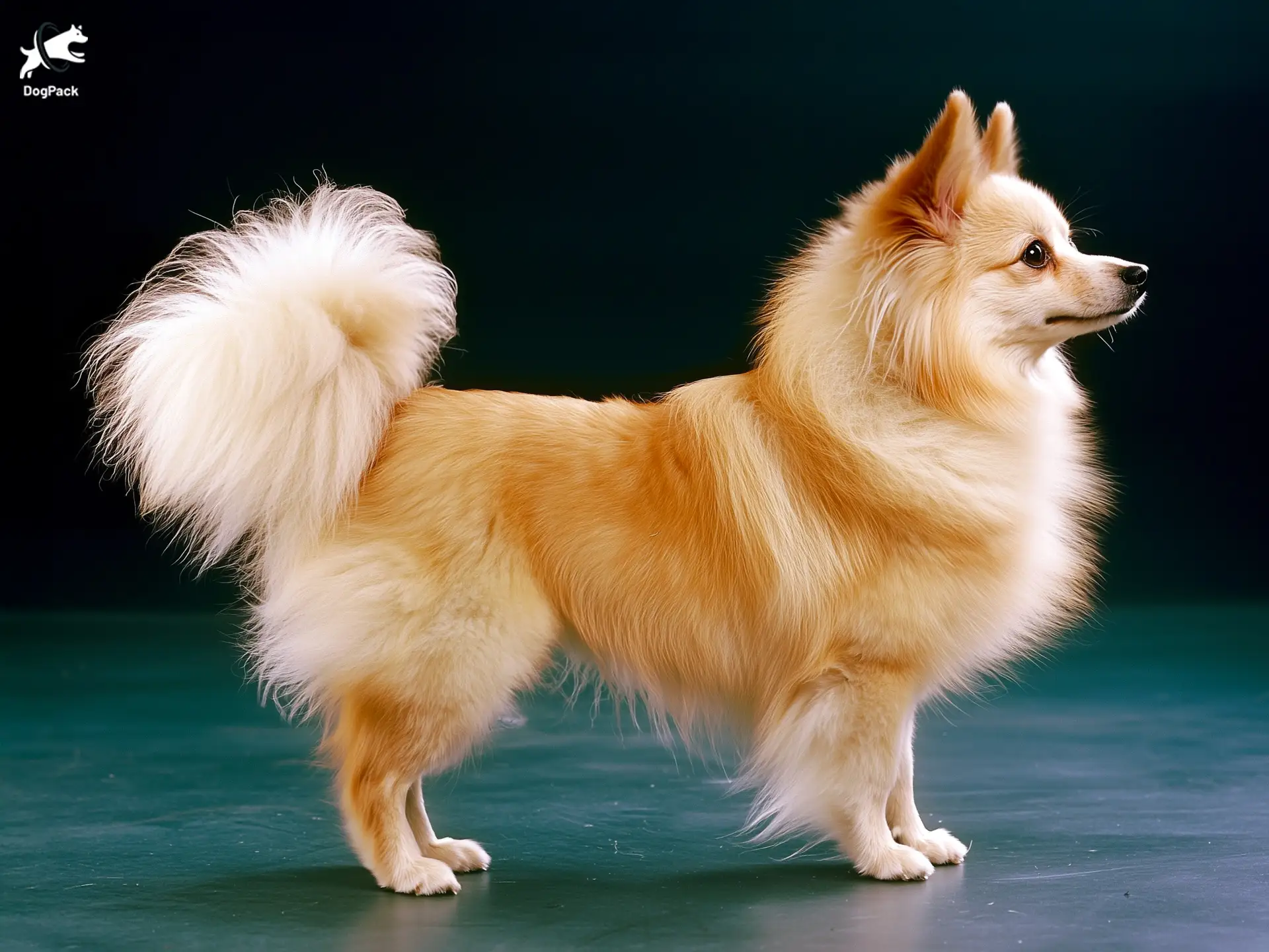 German Spitz Dog breed full body view standing against green background