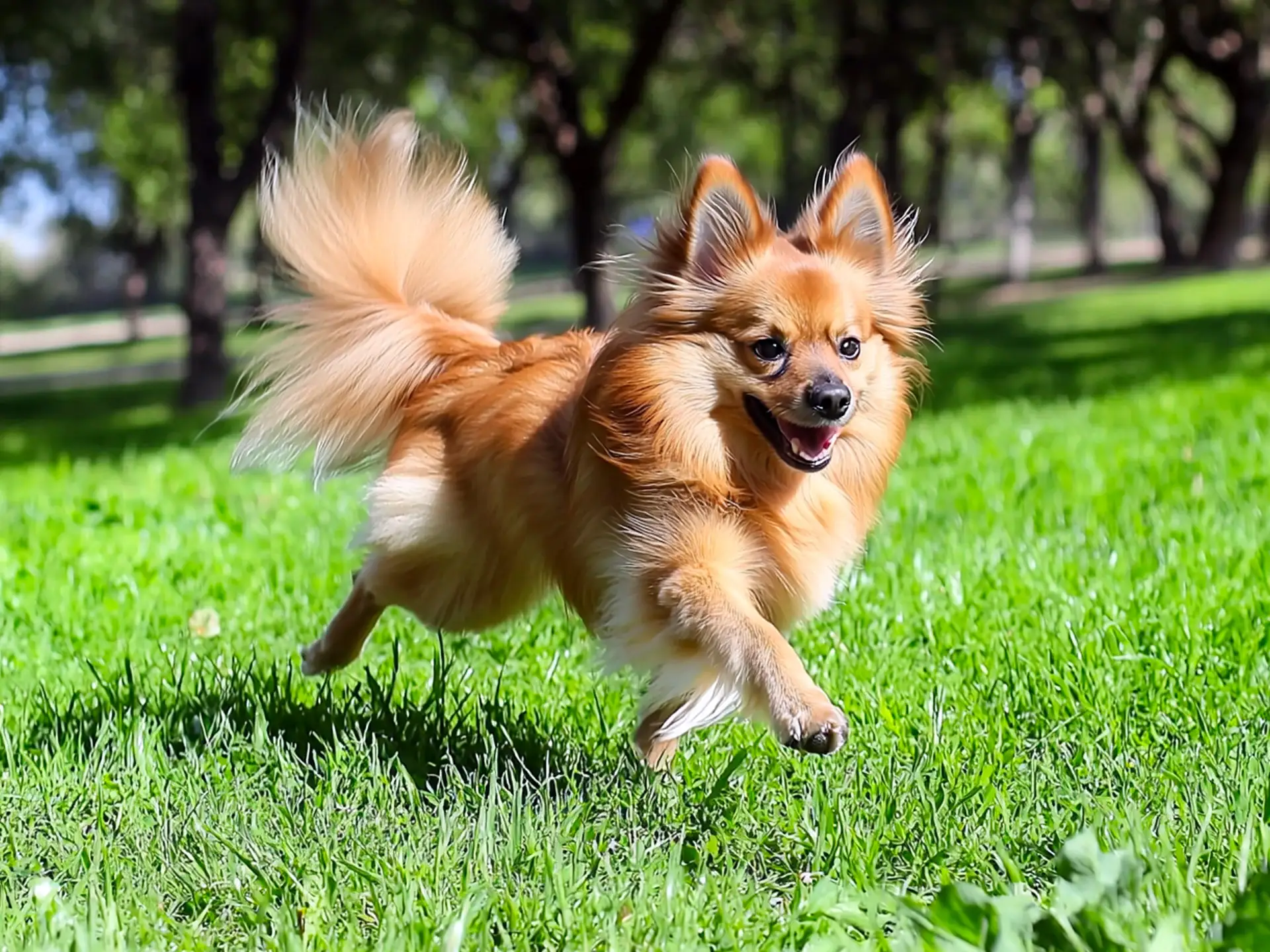 A fluffy German Spitz dog running energetically across a green grassy field, its tail raised and fur flowing in motion