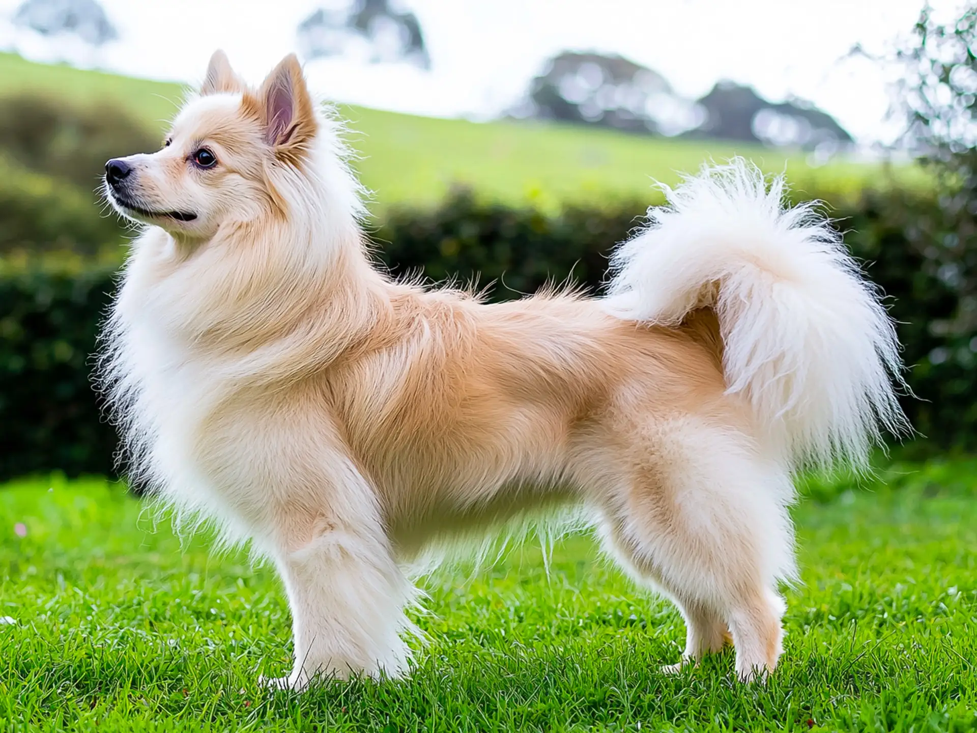 A cream-colored German Spitz standing in profile on a lush green lawn, showcasing its fluffy coat and curled tail