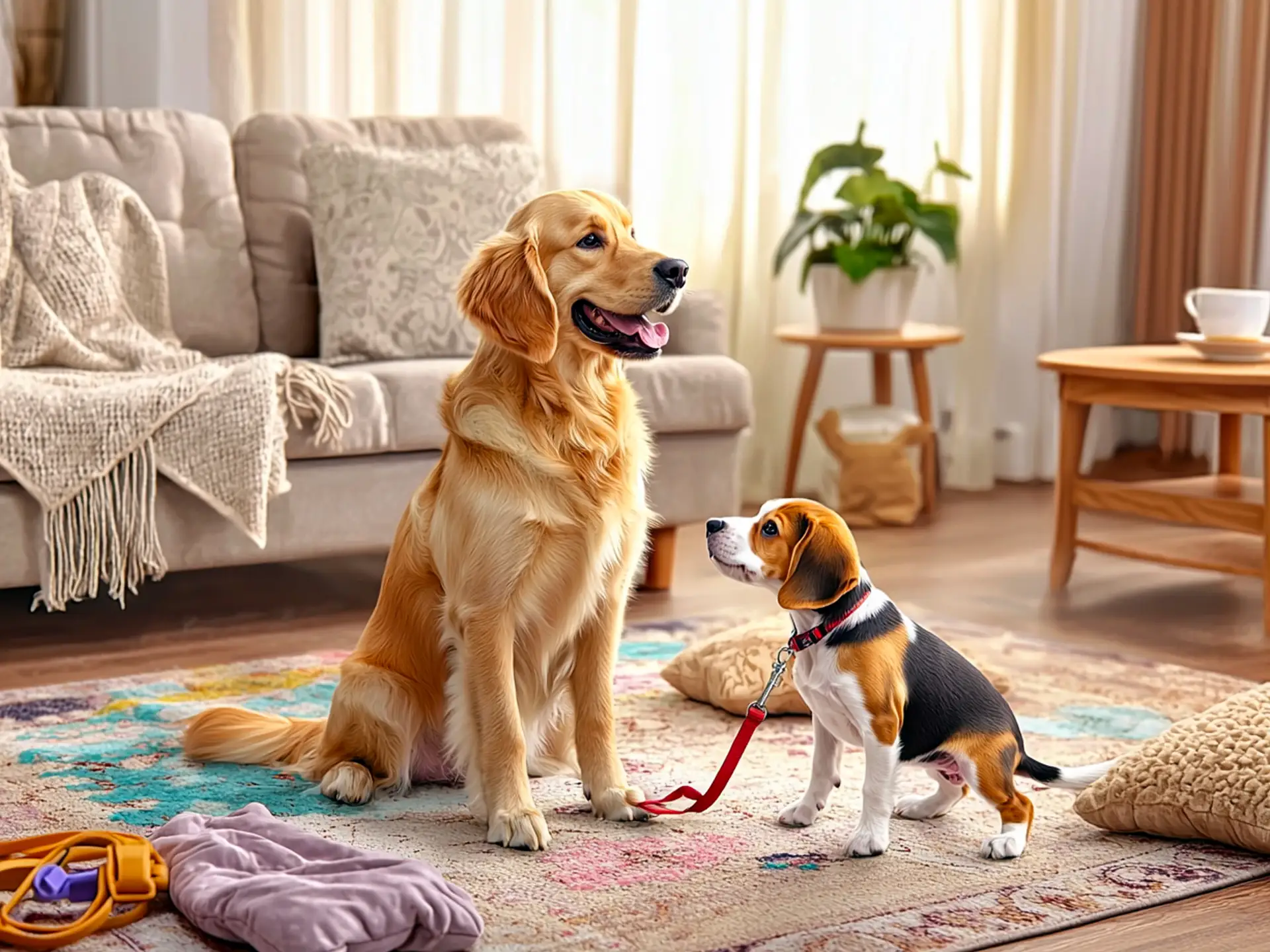 Golden retriever meeting a beagle puppy in a cozy living room, symbolizing the joy of bringing a second dog into a home.