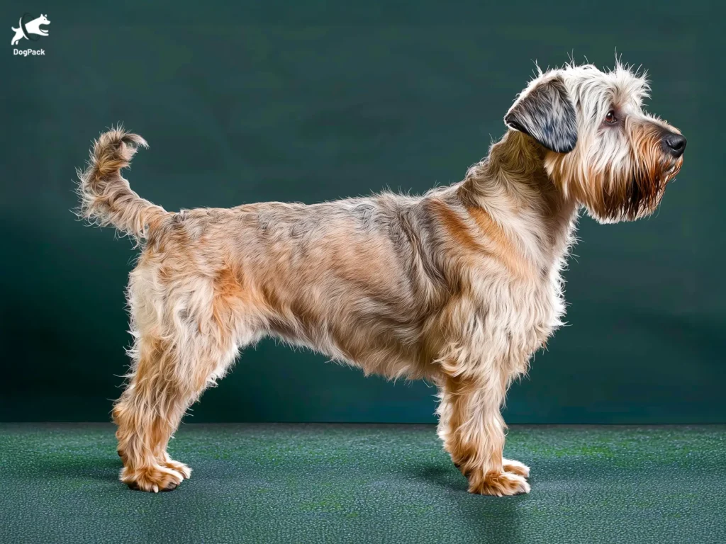 Glen of Imaal Terrier Dog breed full body view standing against green background