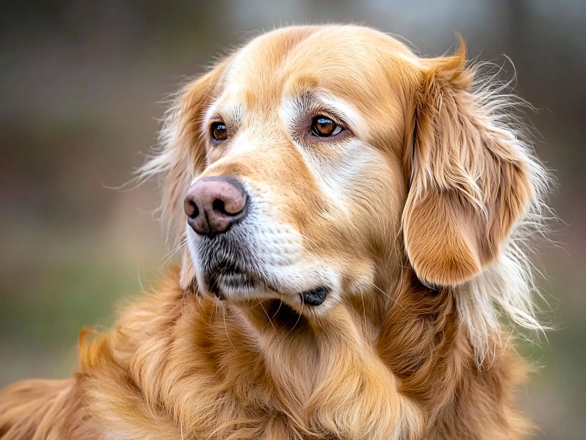 Close-up of a Golden Retriever with soft fur and an expressive gaze