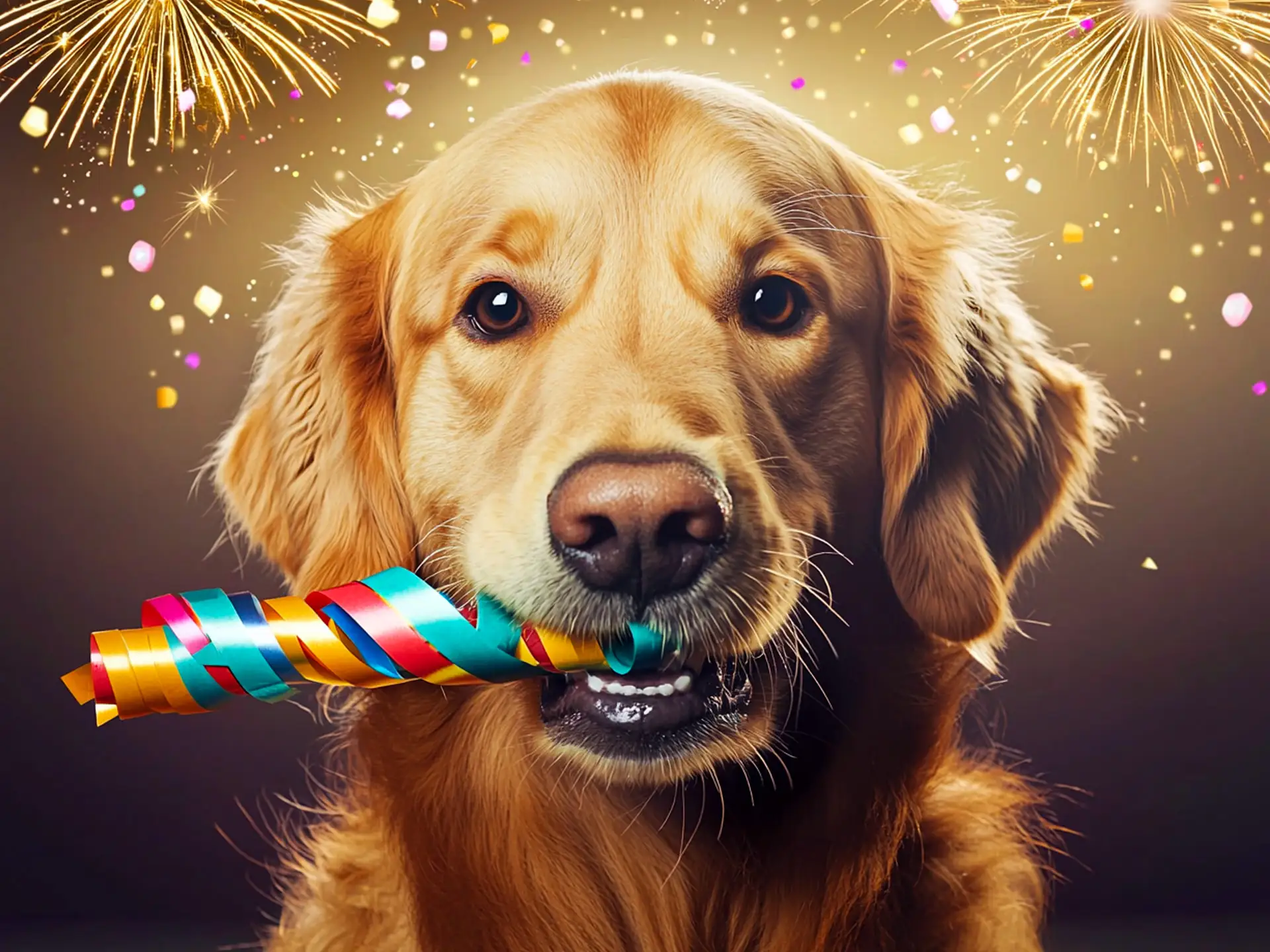 Golden Retriever holding a festive party streamer with fireworks in the background, symbolizing a popular dog breed for 2025