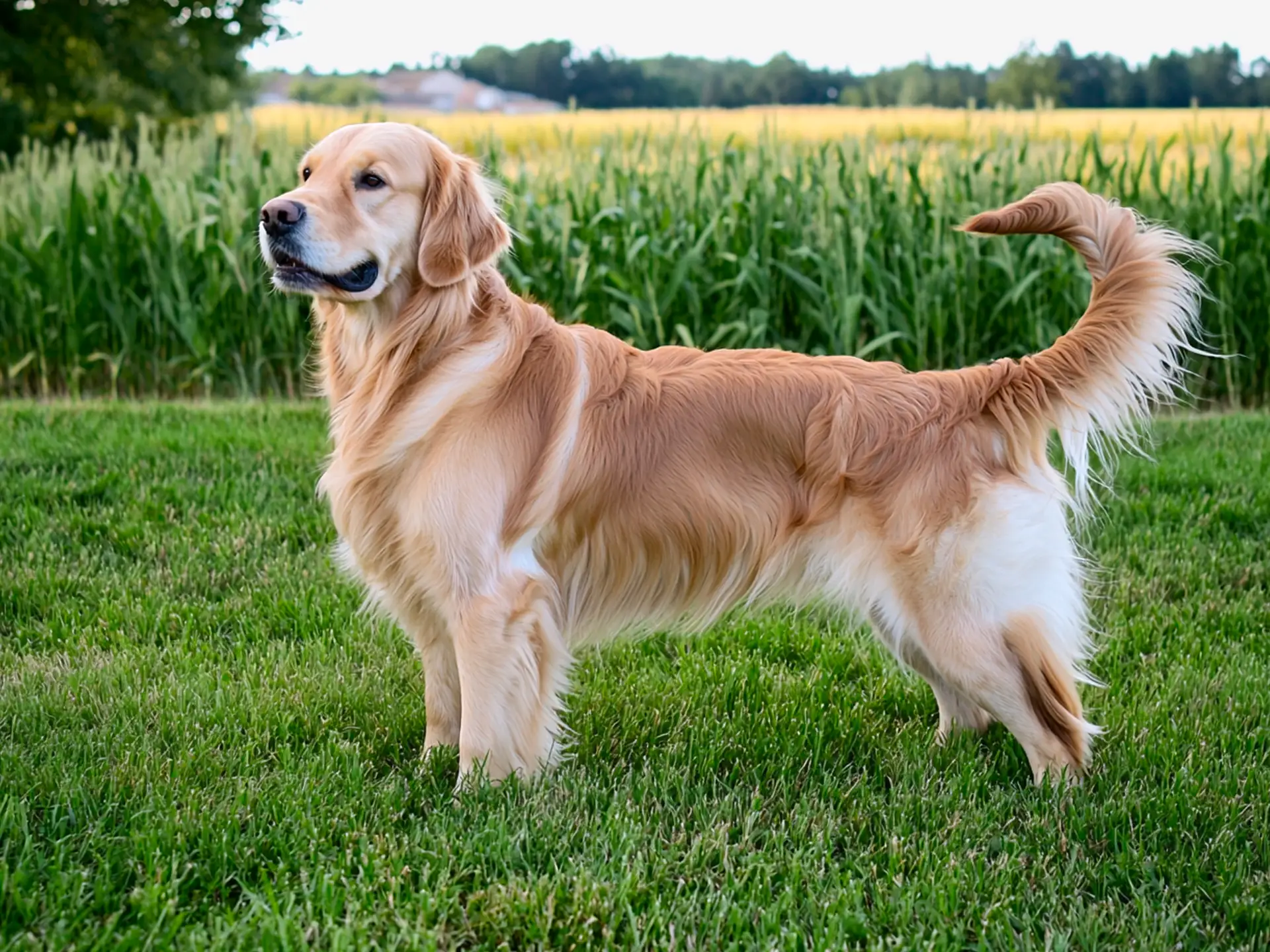 Golden Retriever standing on a green lawn with a cornfield in the background