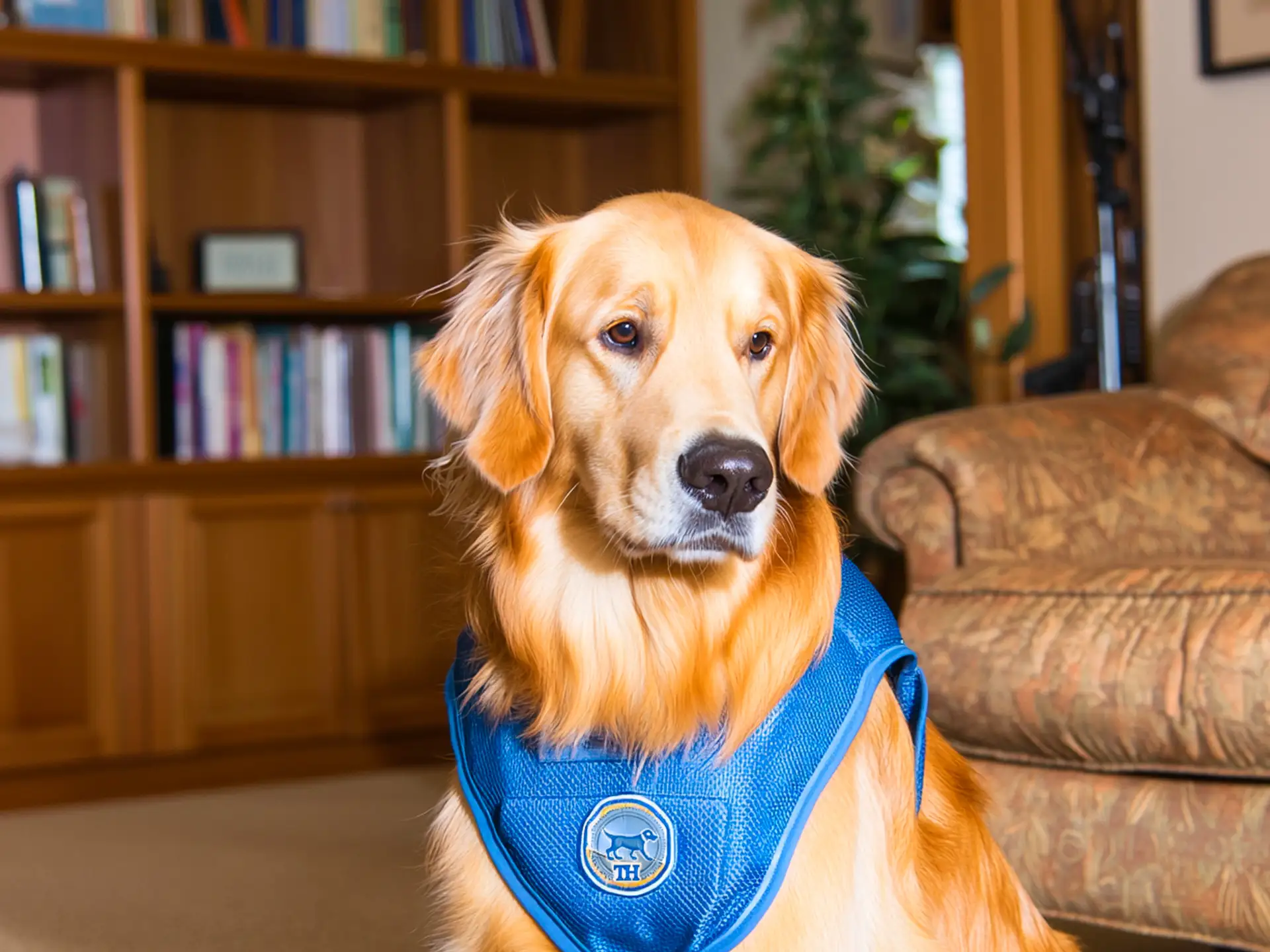 Golden Retriever therapy dog in a cozy living room wearing a blue therapy vest, showcasing its calm and affectionate nature ideal for anxiety and PTSD support.