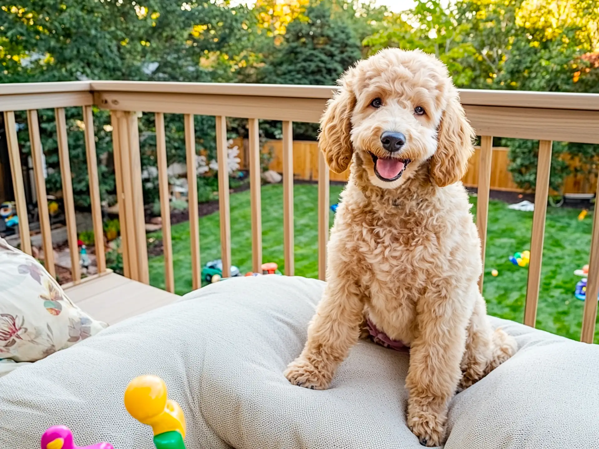 Goldendoodle sitting on a deck, showcasing its hypoallergenic, curly coat and family-friendly, low-maintenance personality.