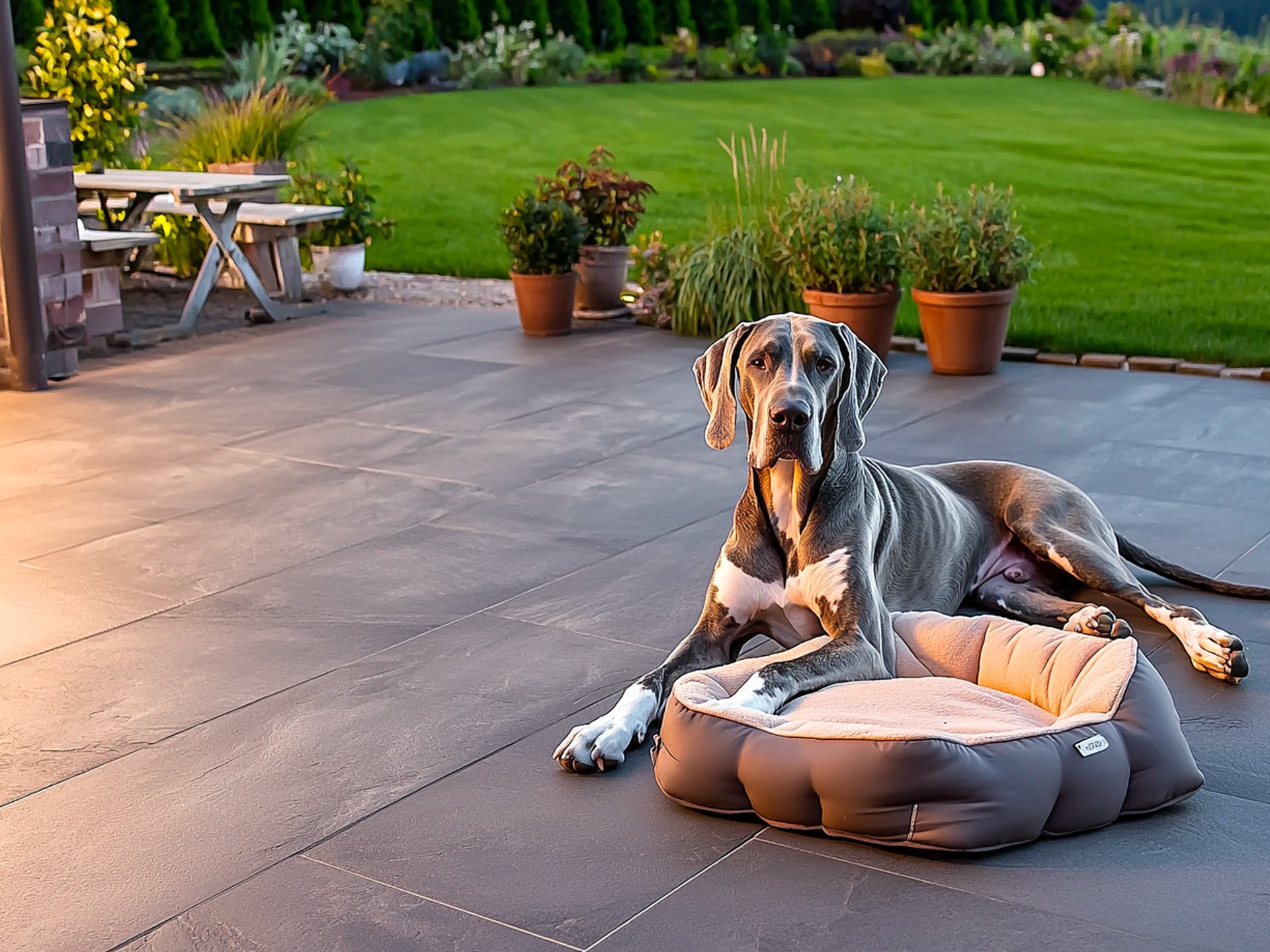 Great Dane relaxing on a patio, showcasing its short, low-maintenance coat and gentle, family-friendly nature as a large yet easygoing companion.