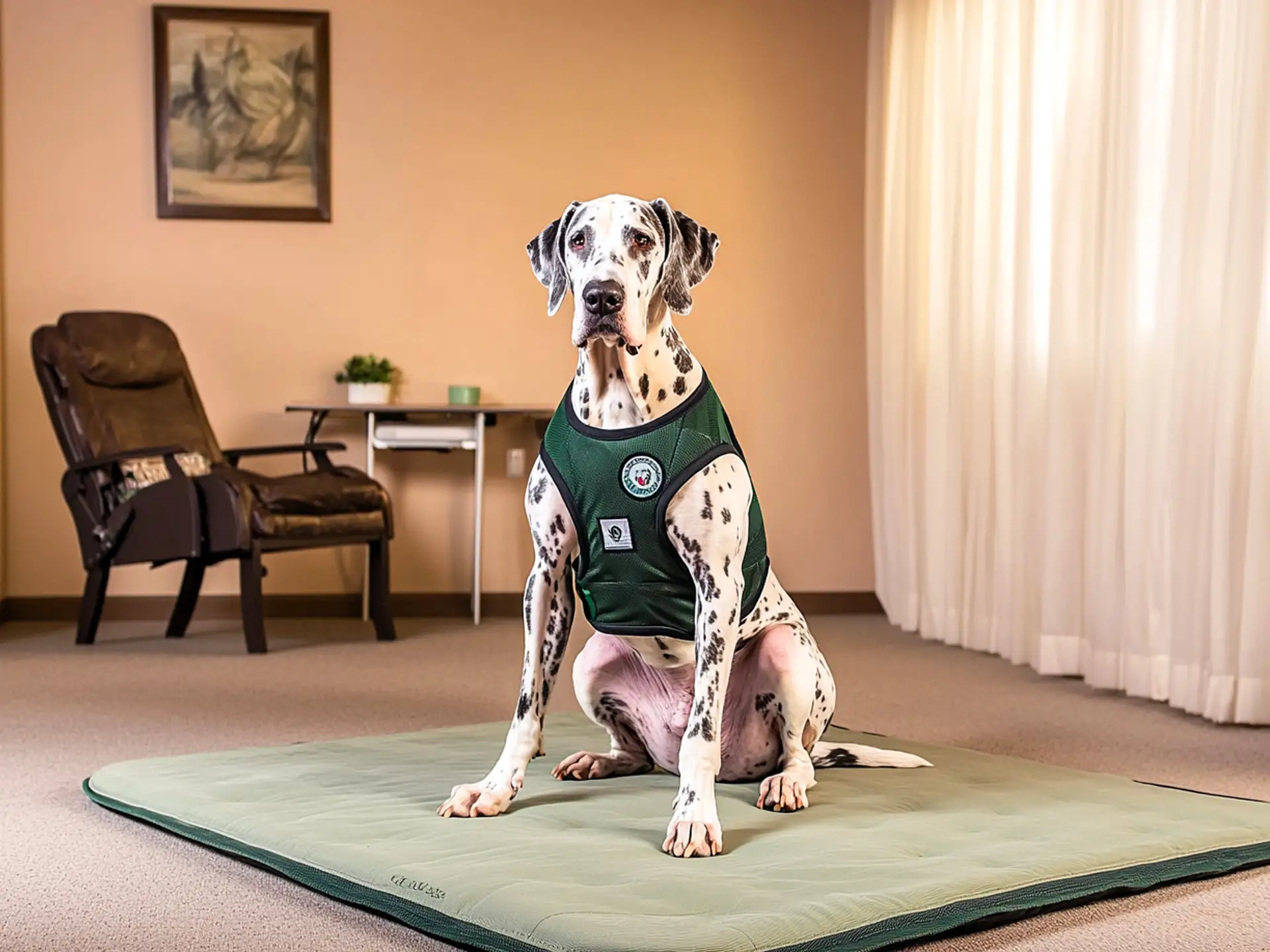 Great Dane therapy dog wearing a dark green vest, sitting calmly on a large therapy mat in a spacious room, showcasing its gentle and reliable nature for therapy work.