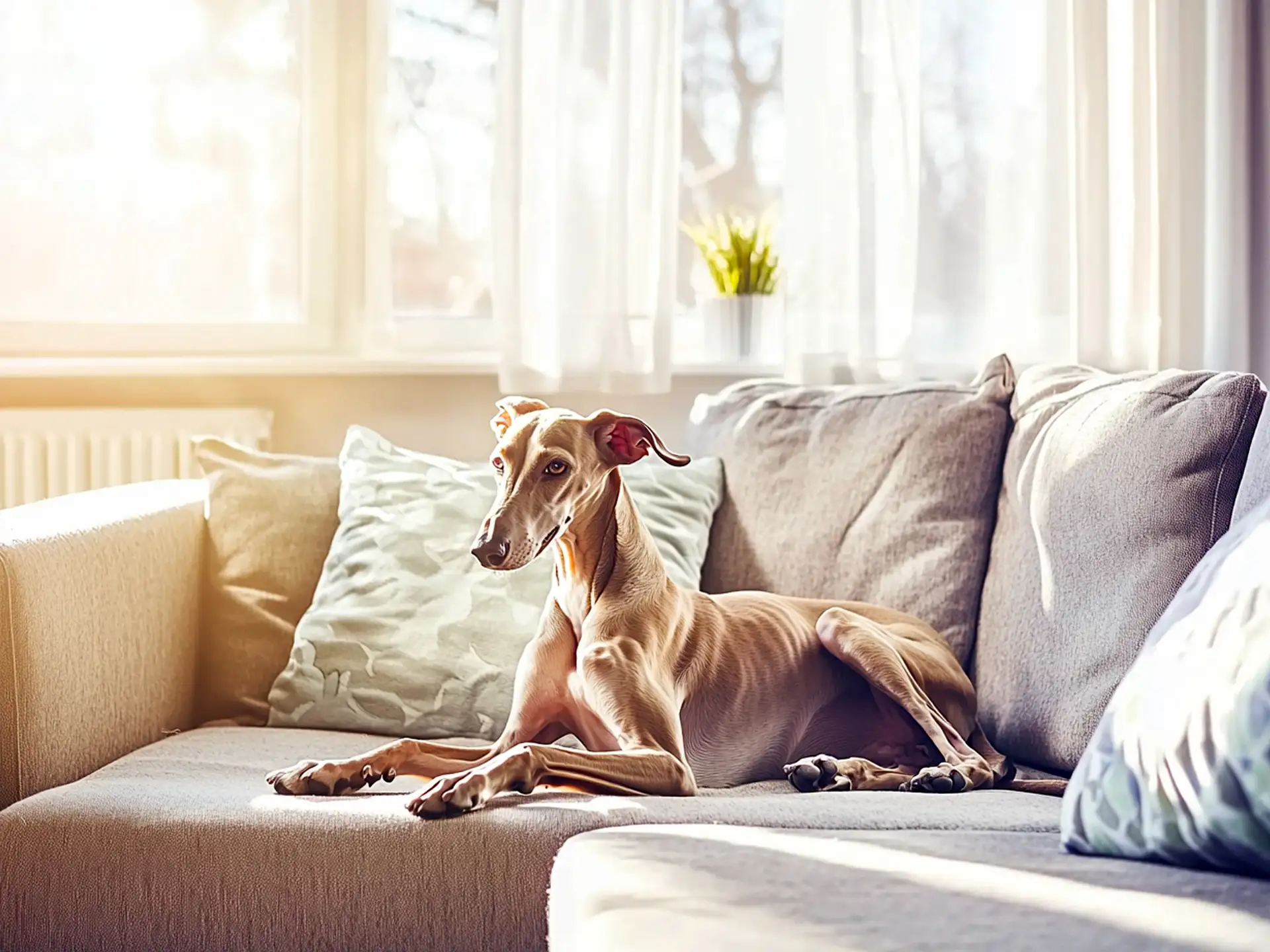 A relaxed Greyhound lounging on a sofa in a sunlit living room, showcasing its low-maintenance nature and suitability for minimal-effort pet owners