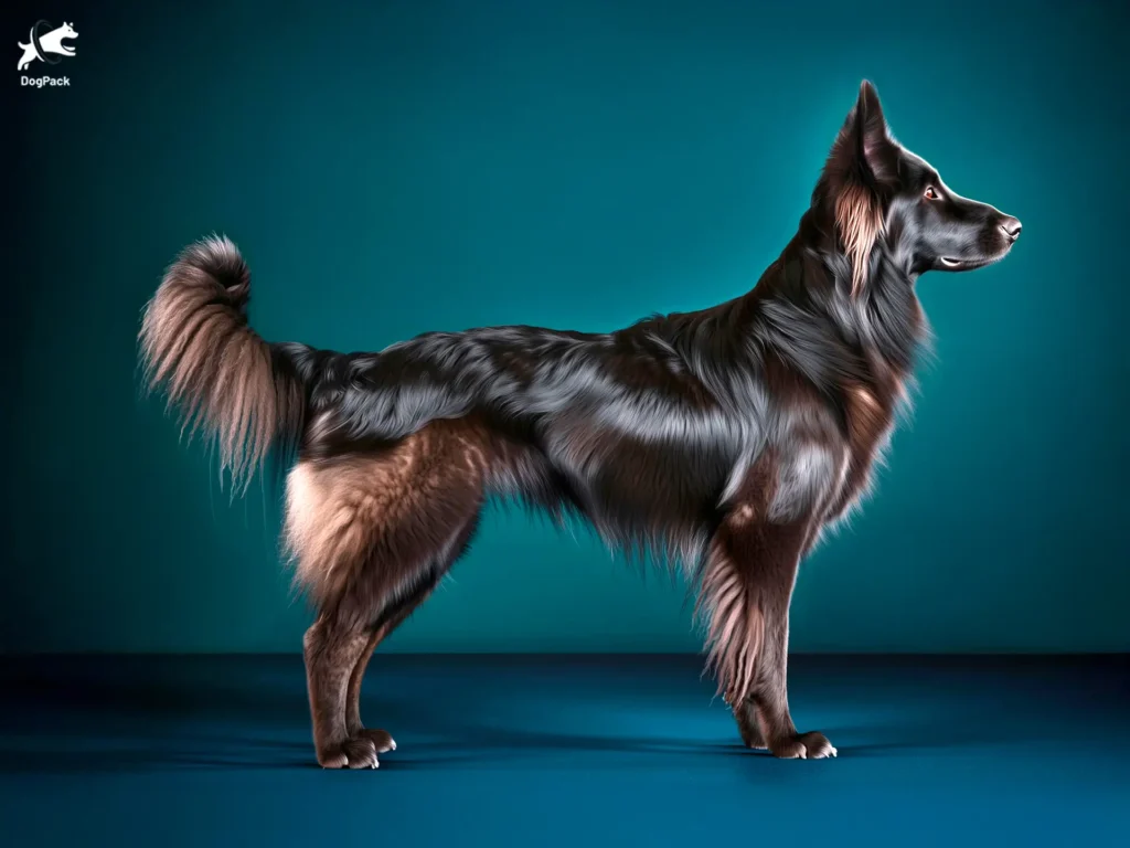 Groenendael Dog breed full body view standing against green background