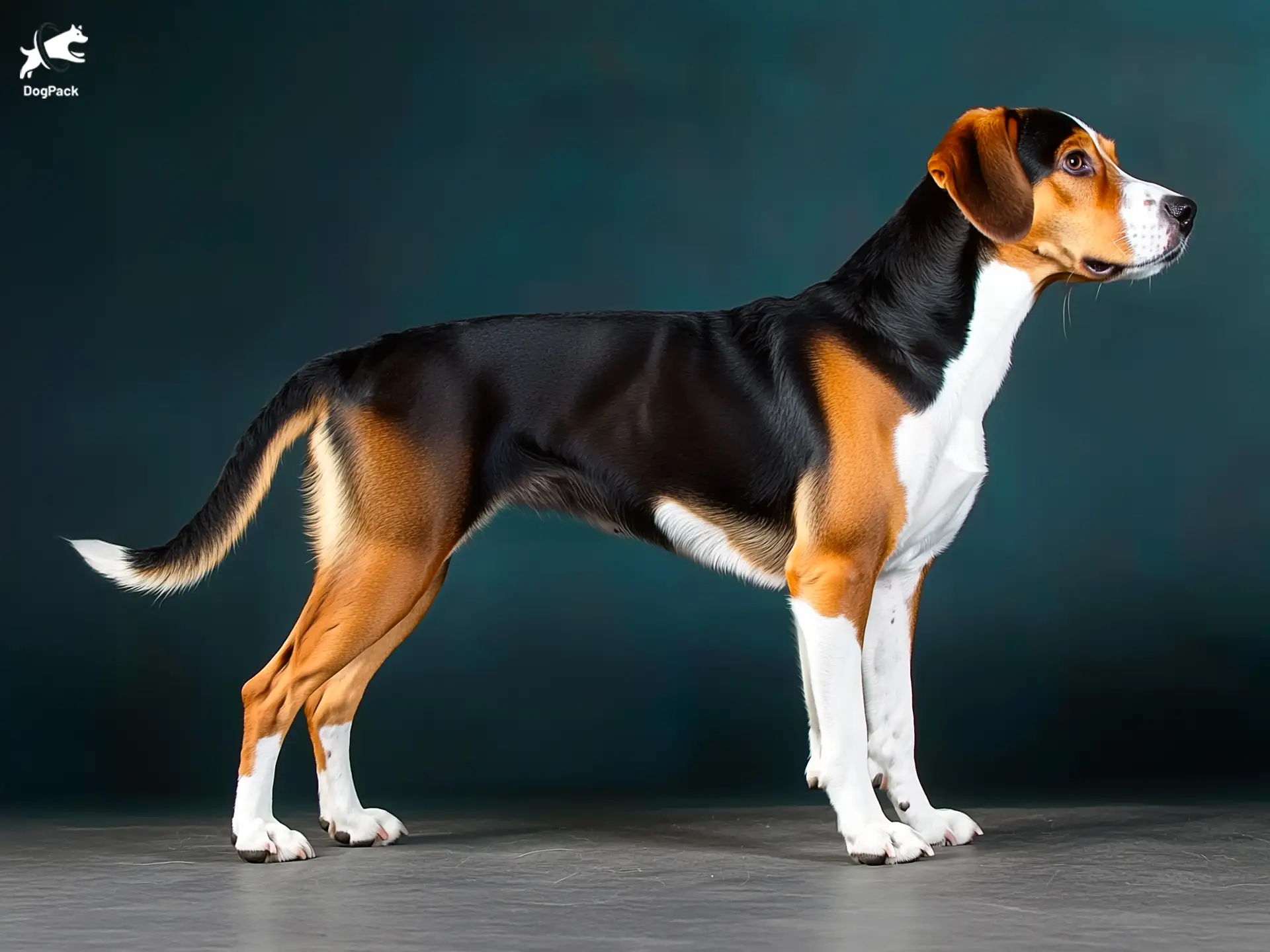 Hamiltonstovare Dog breed full body view standing against green background