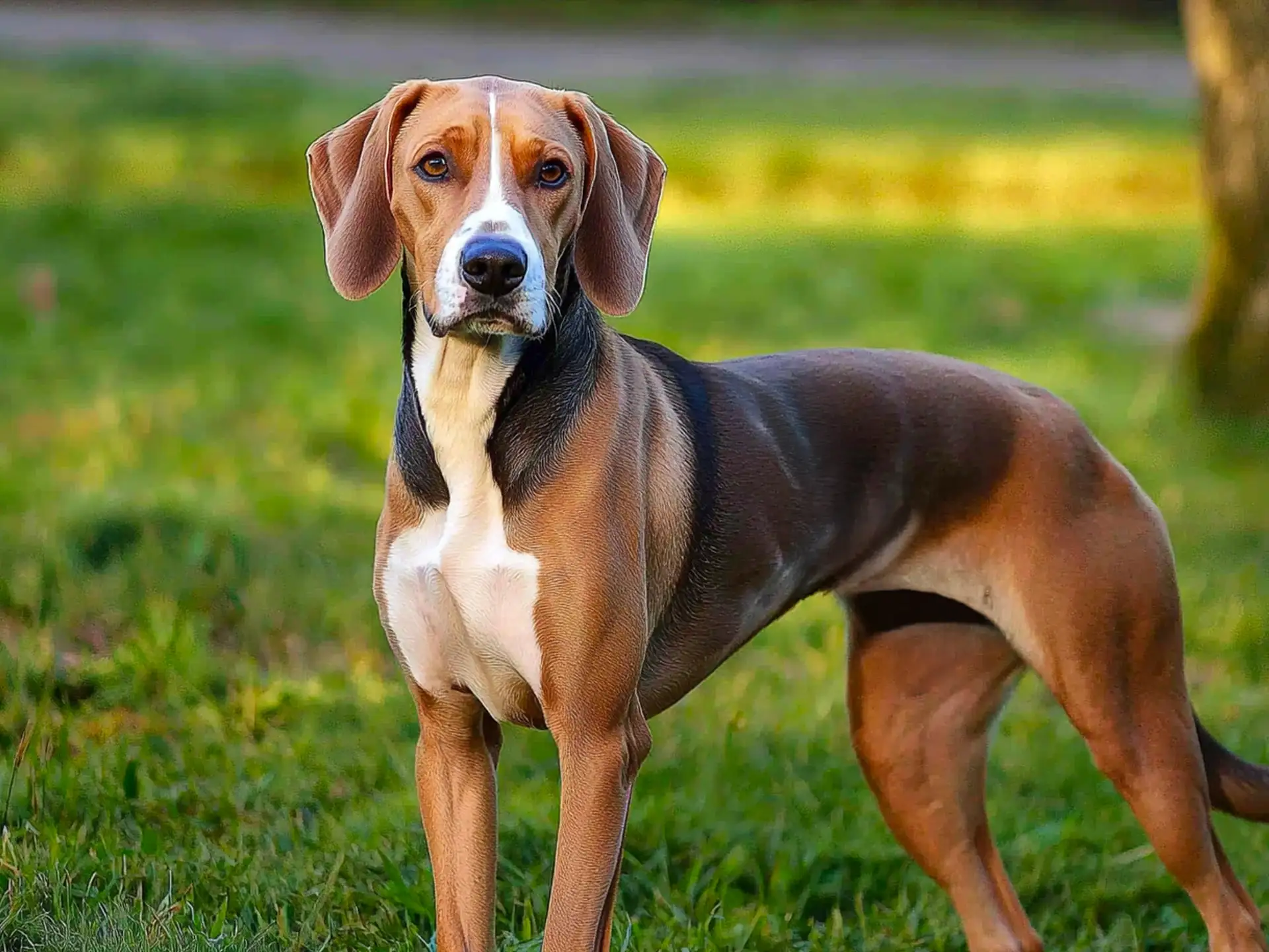 Full-body side view of a Hamiltonstovare standing on green grass, showcasing its athletic build and tri-color coat.