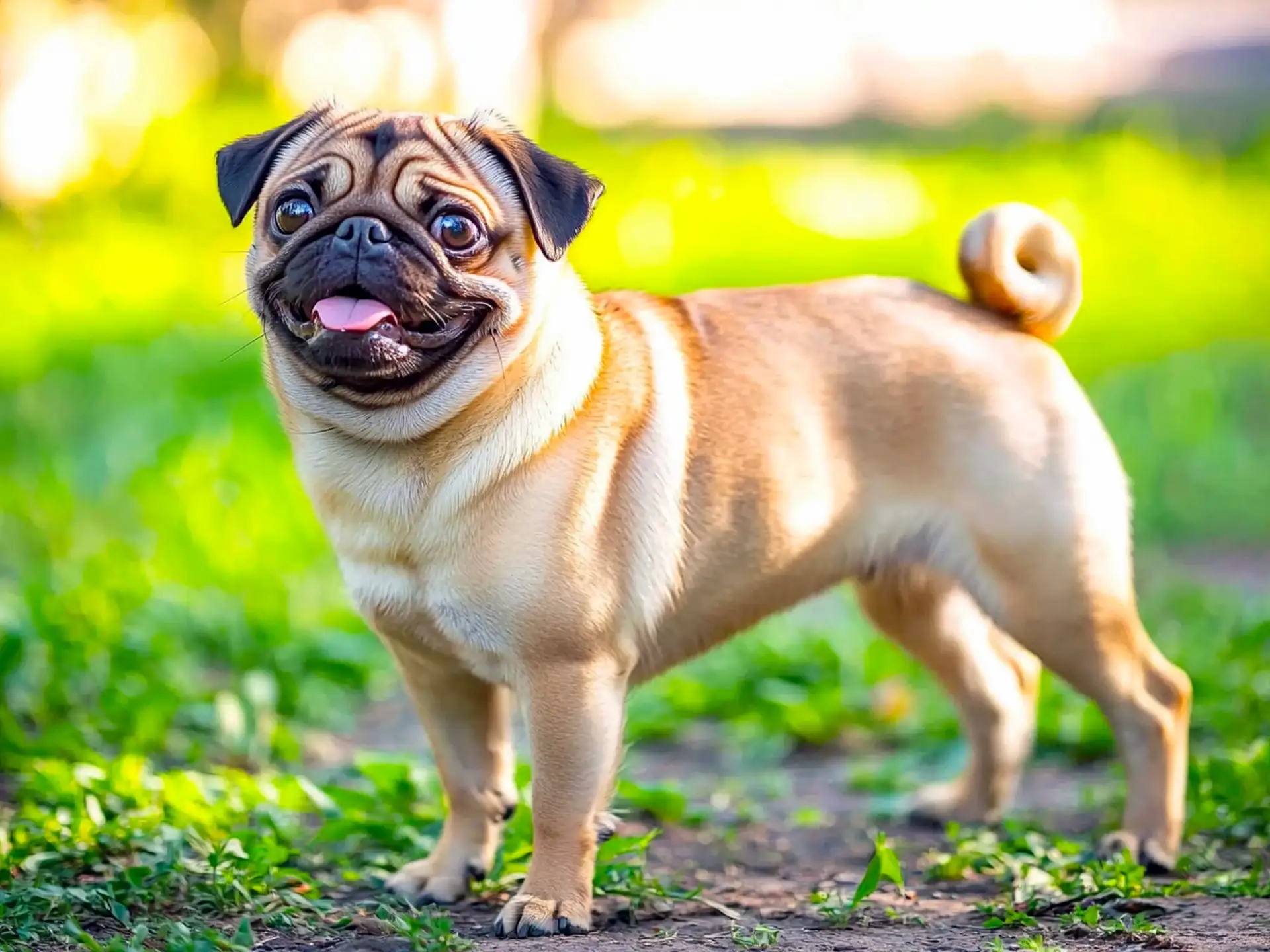 A happy Pug standing on grass with its curly tail and tongue out