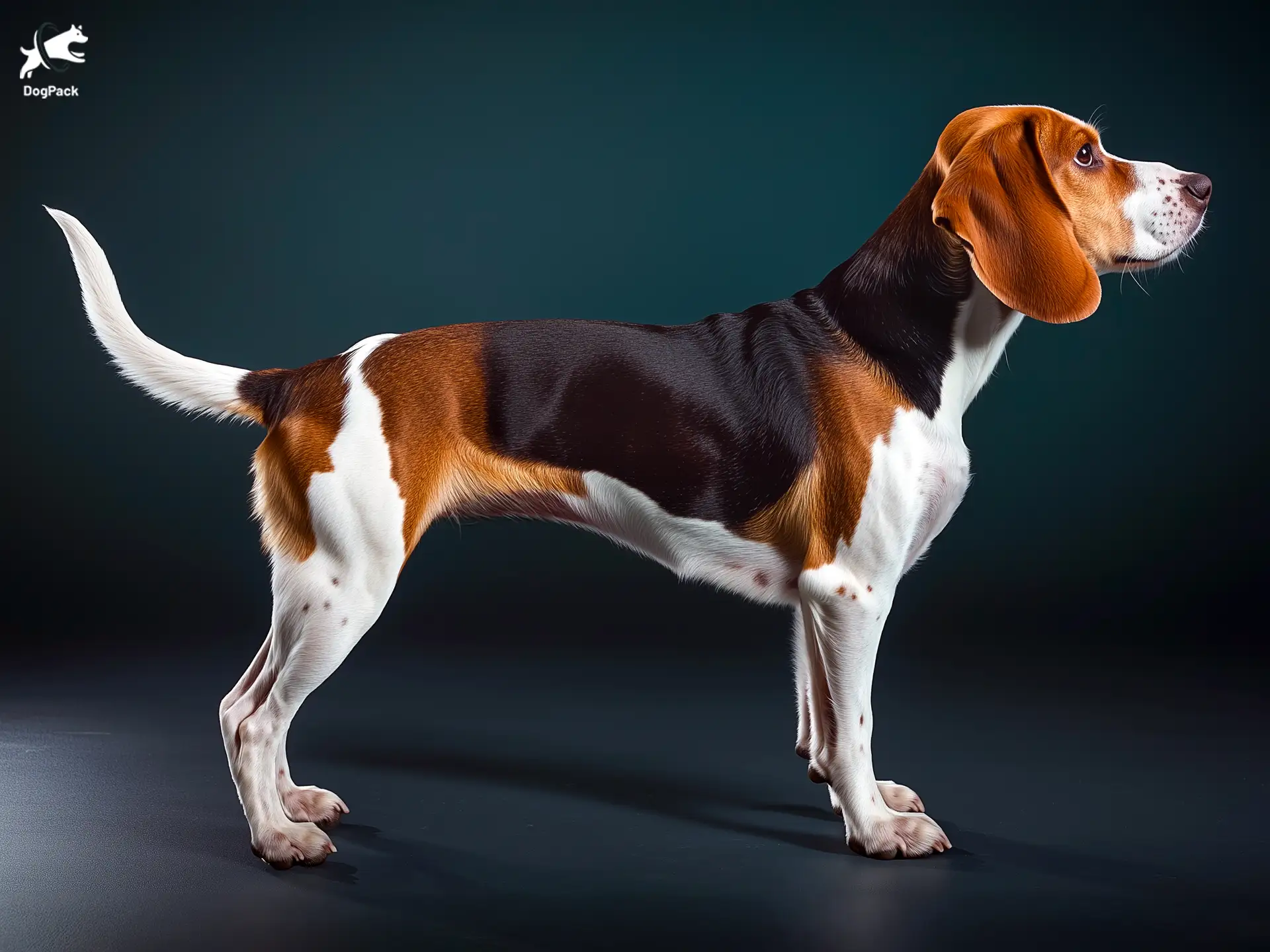 Harrier Dog breed full body view standing against green background