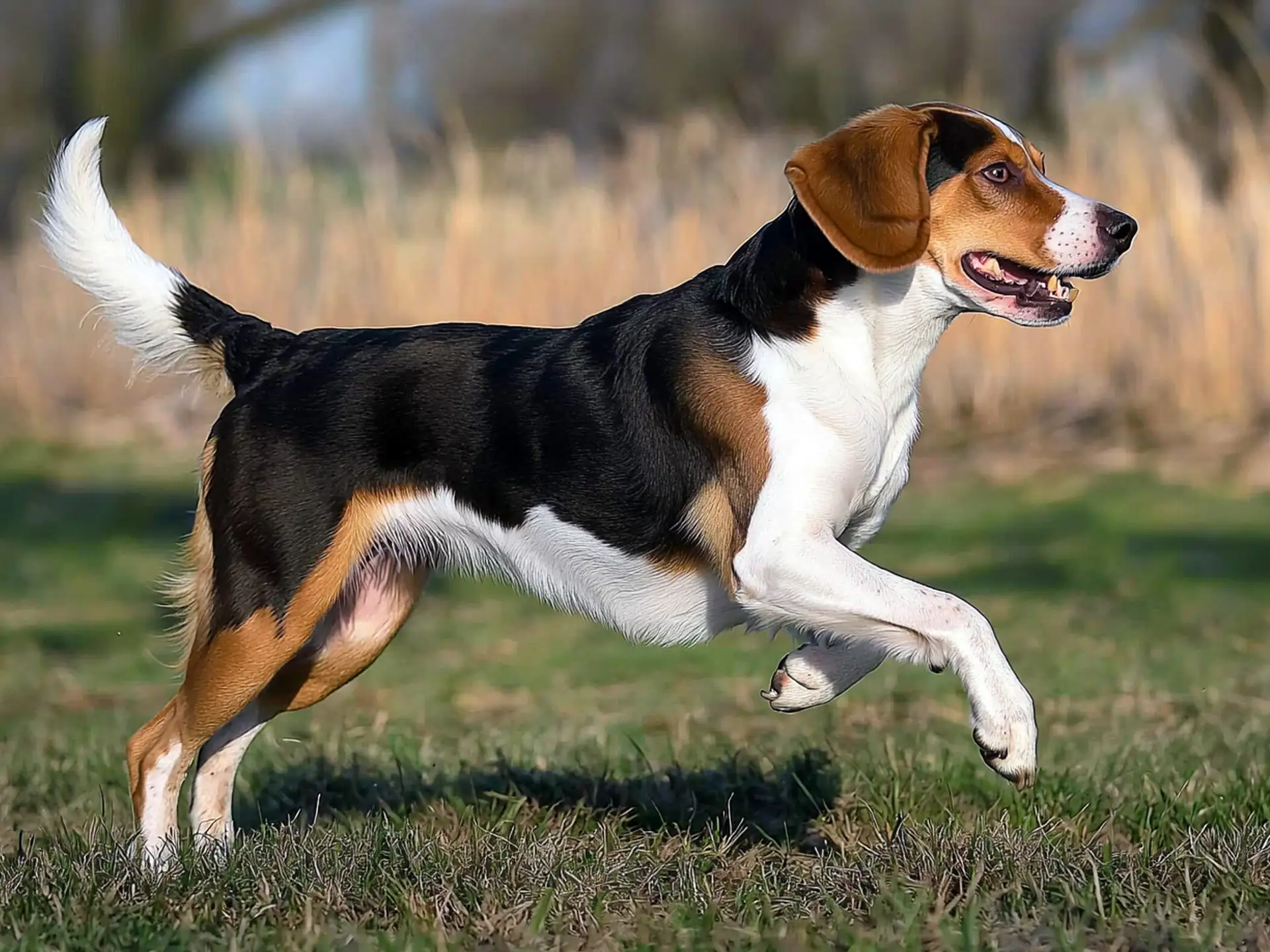 Harrier dog running energetically in a grassy field, showcasing its athletic build and tricolor coat