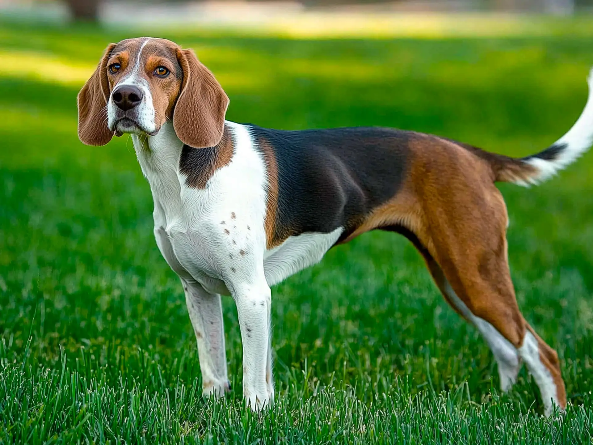 Harrier dog standing attentively on lush green grass, highlighting its sleek body and alert posture