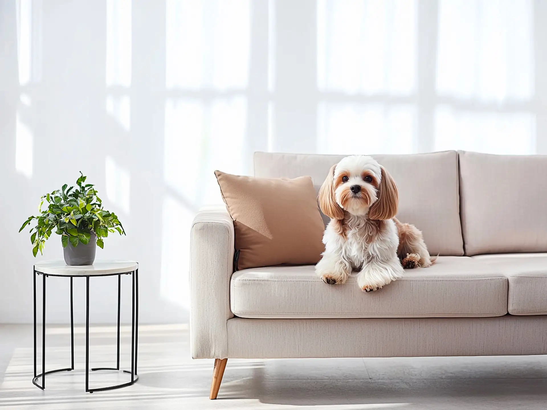 Havanese sitting on a modern sofa, showcasing its hypoallergenic coat and small, quiet, low-maintenance nature, perfect for peaceful homes.