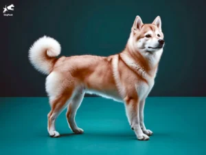 Hokkaido Dog breed full body view standing against green background