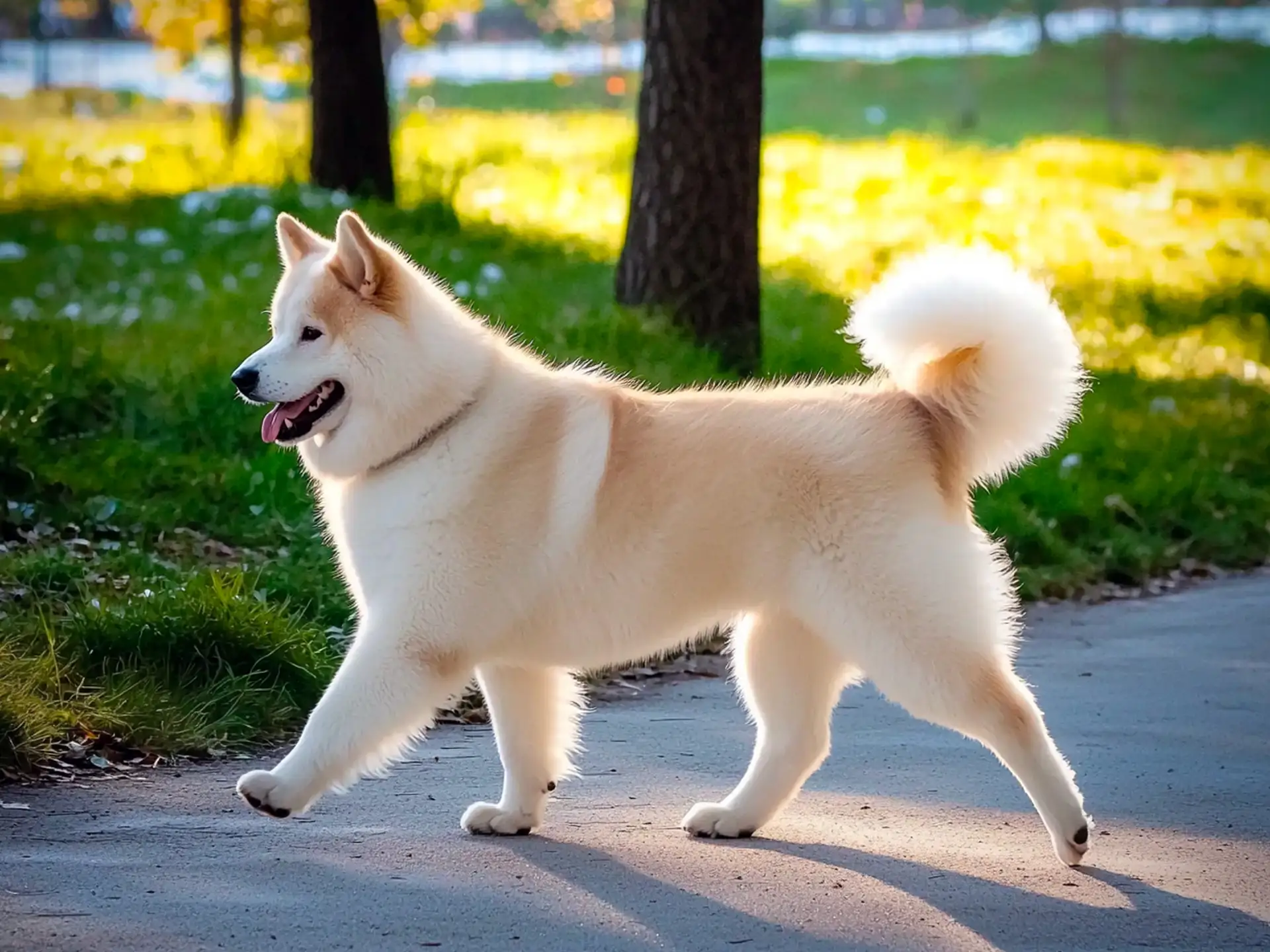 A Hokkaido dog walking on a path in a sunlit park, showcasing its fluffy cream coat and curled tail