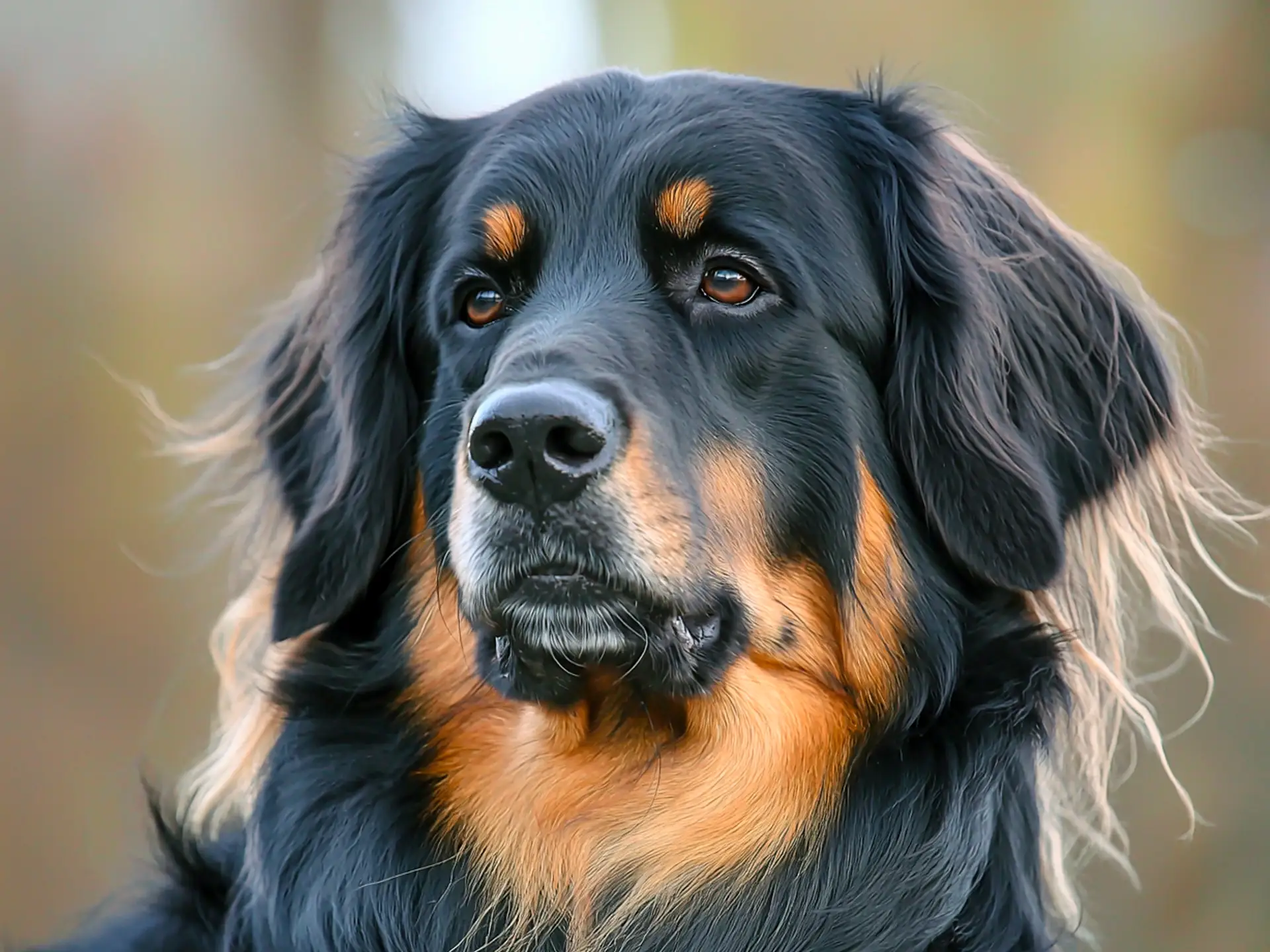 Close-up of a Hovawart dog with black and tan fur, highlighting its gentle expression and intelligent gaze.