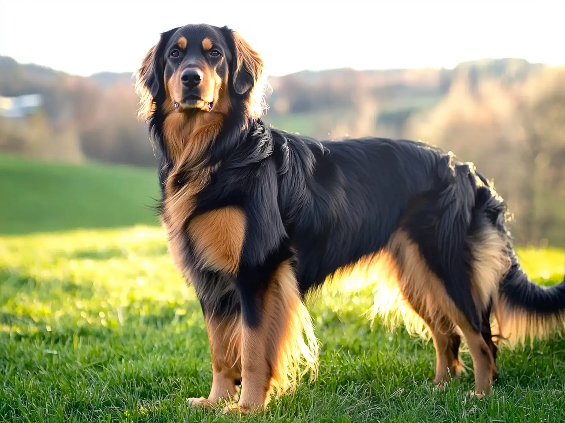 A black and tan Hovawart dog standing in a grassy field, showing its strong build and luxurious coat in natural light