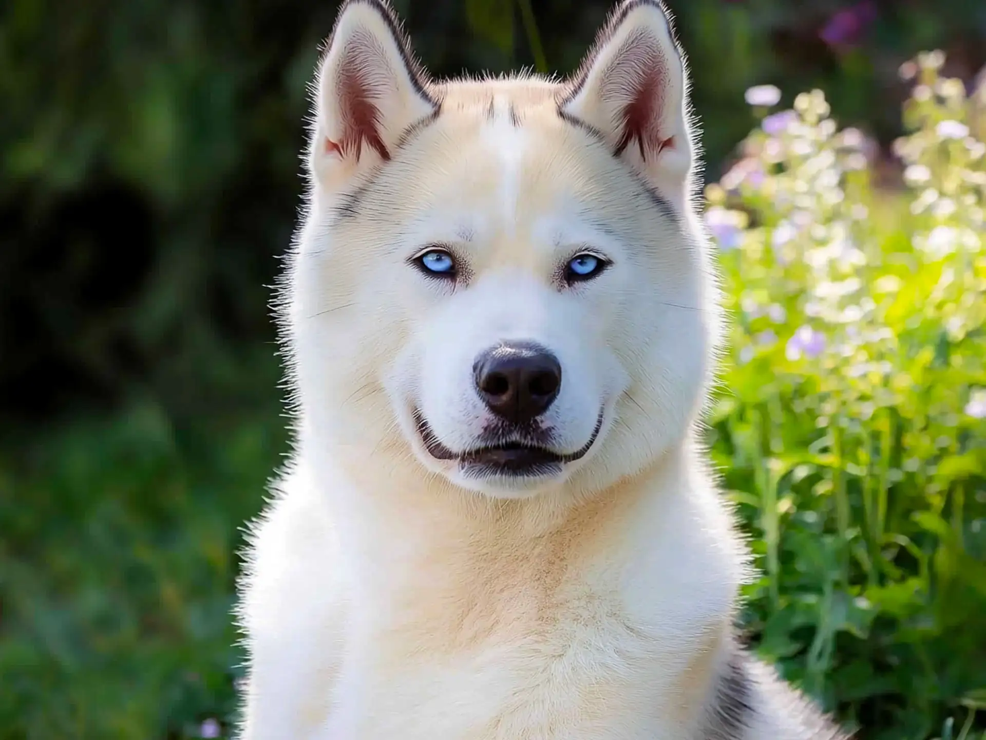 Huskita dog with striking blue eyes sitting outdoors, surrounded by greenery.