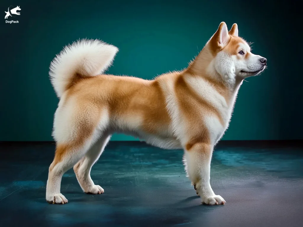 Huskita Dog breed full body view standing against green background