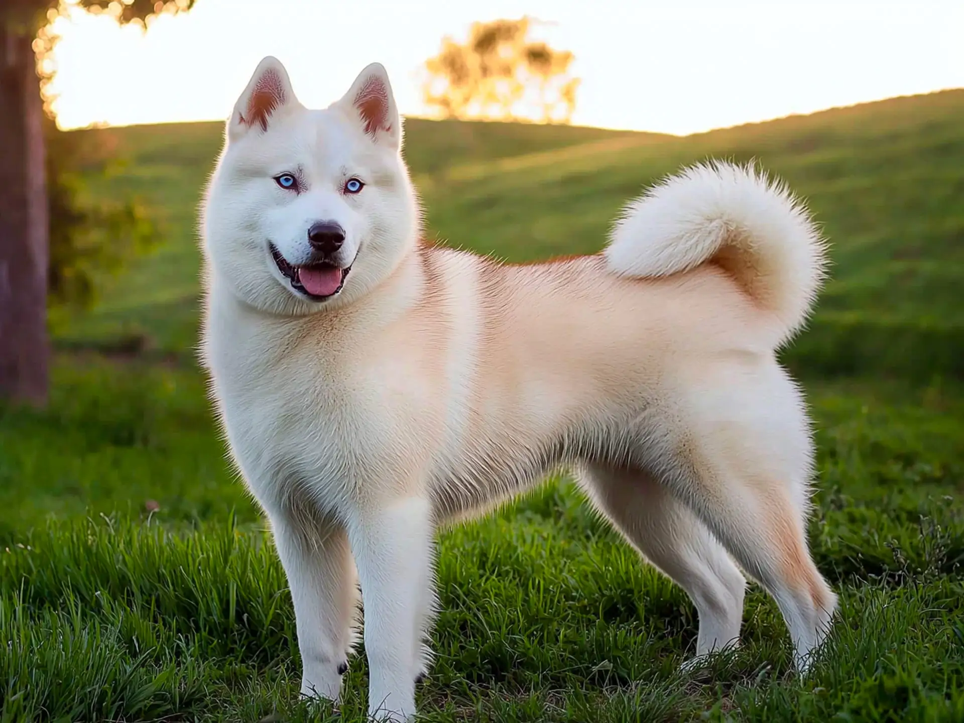 Huskita dog standing in a grassy field, showcasing its thick cream-colored coat and curled tail