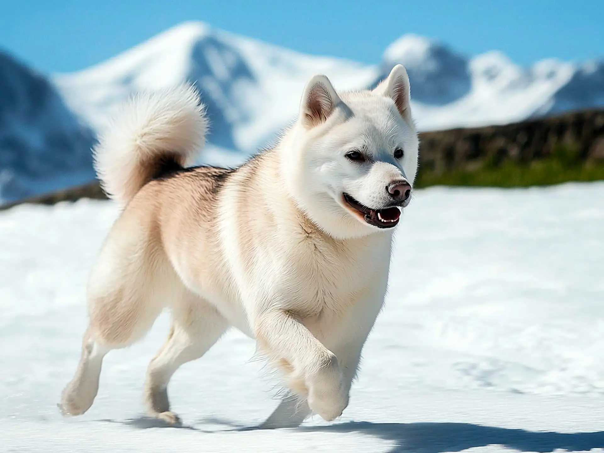 Huskita running in a snowy landscape, displaying its athletic build and fluffy coat