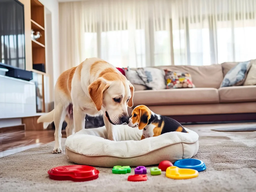 Two dogs sharing a bed in a living room, showing how to introduce a second dog to your home