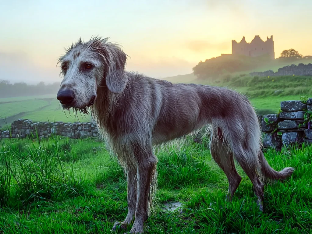 Irish Wolfhound standing in a misty Irish meadow at sunrise, showcasing its tall frame and rugged coat, symbolizing its nobility and value as one of the most expensive dog breeds.