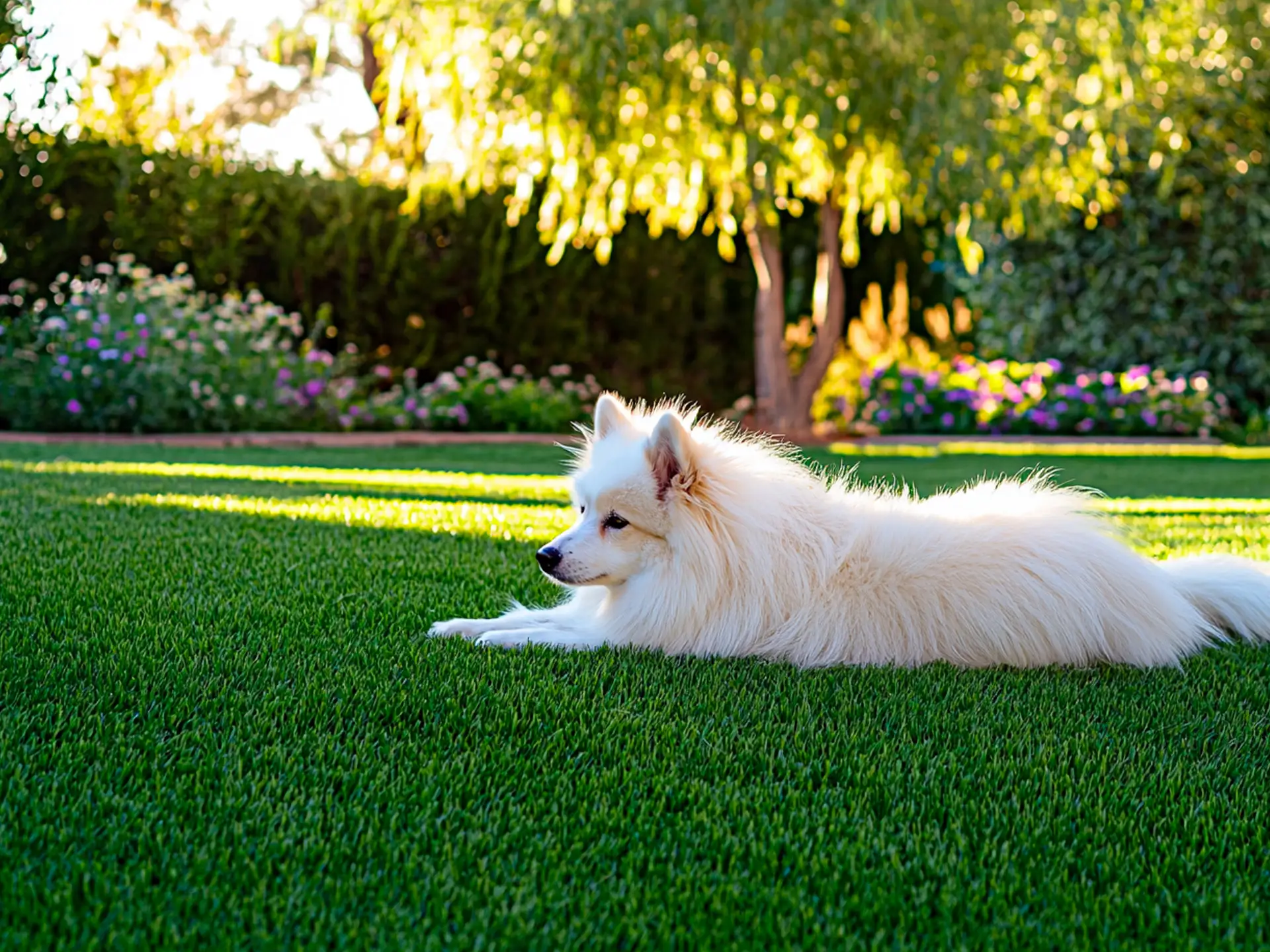 Japanese Spitz dog lounging on lush green grass in a garden, surrounded by flowers and trees in the background