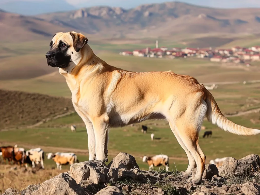 Kangal Dog standing on a hillside overlooking an Anatolian plain, showcasing its muscular build and protective stance, symbolizing its prestige as one of the most expensive dog breeds.