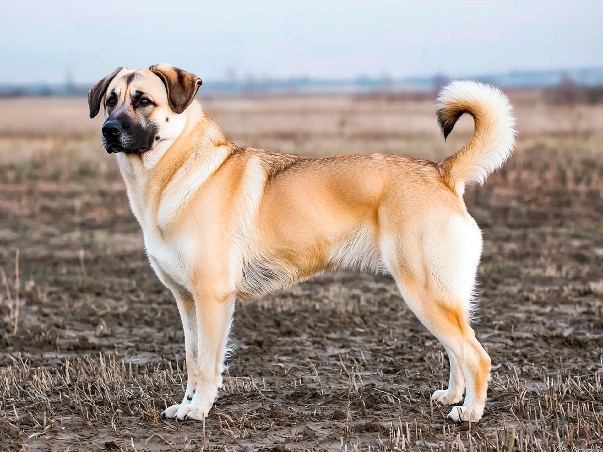 Side profile of a Kangal Shepherd standing in a field, showcasing its strong and muscular build