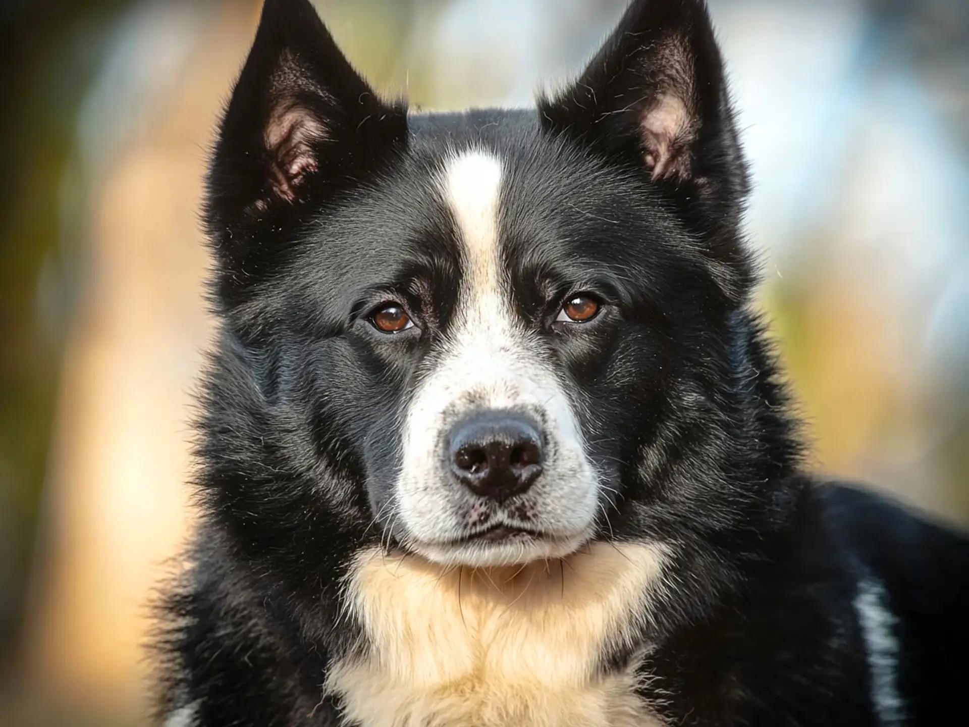 Close-up of a Karelian Bear Dog with a black-and-white coat, alert ears, and attentive expression in natural light.