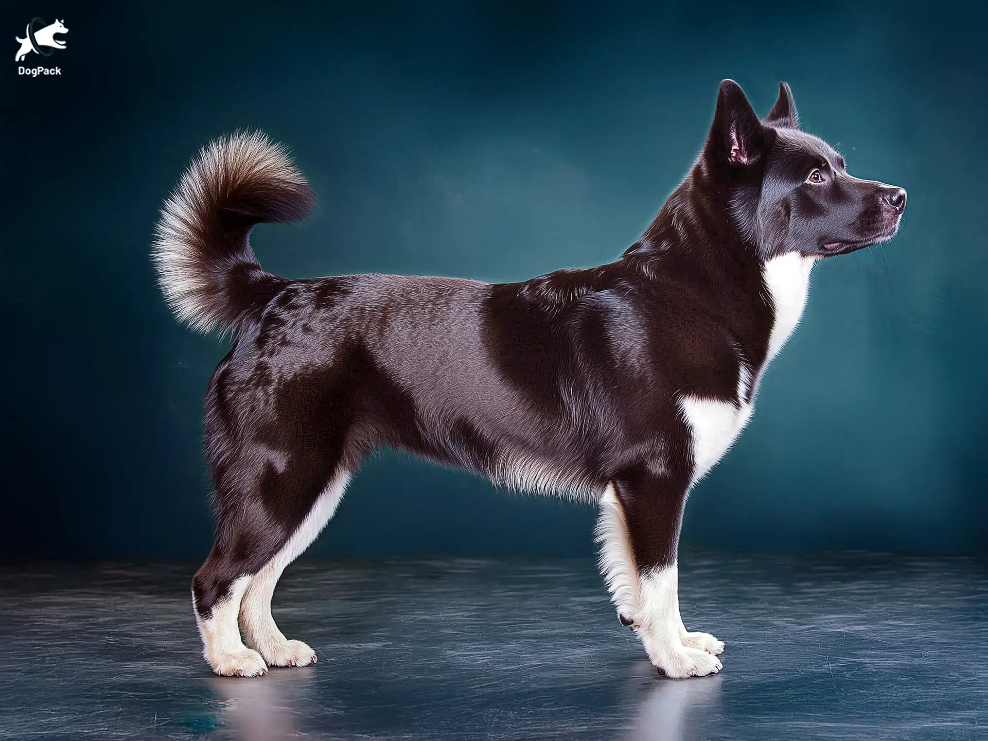 Karelian Bear Dog Dog breed full body view standing against green background