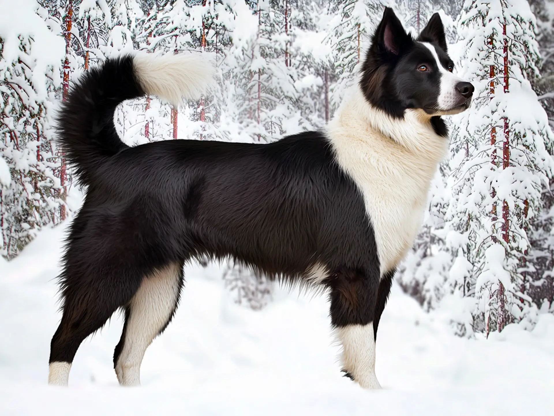 Side view of a Karelian Bear Dog standing in the snow, showcasing its black-and-white coat and bushy tail in a snowy forest.