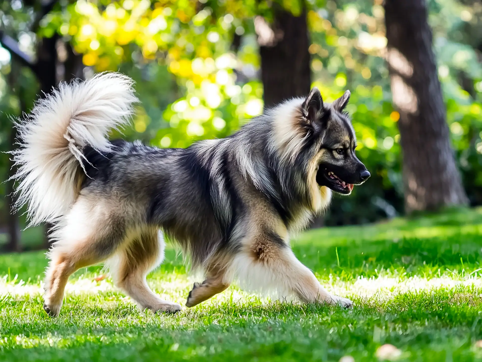 Keeshond running through grass with a bushy tail and thick gray coat