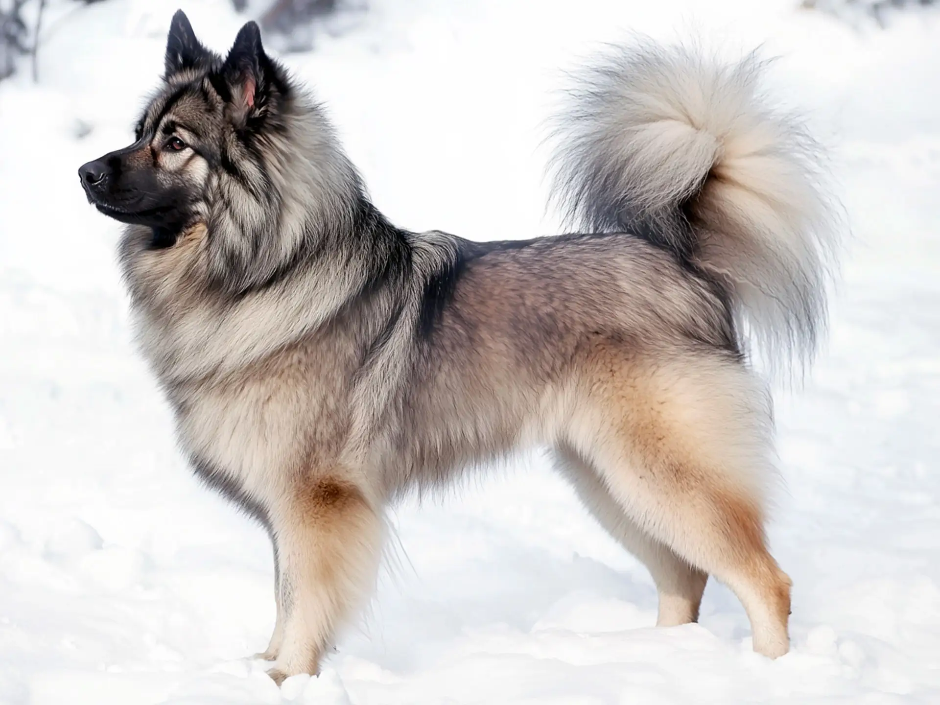 Keeshond standing in the snow showing off its dense, fluffy coat and curled tail.