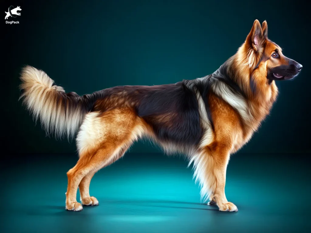 King Shepherd Dog breed full body view standing against green background