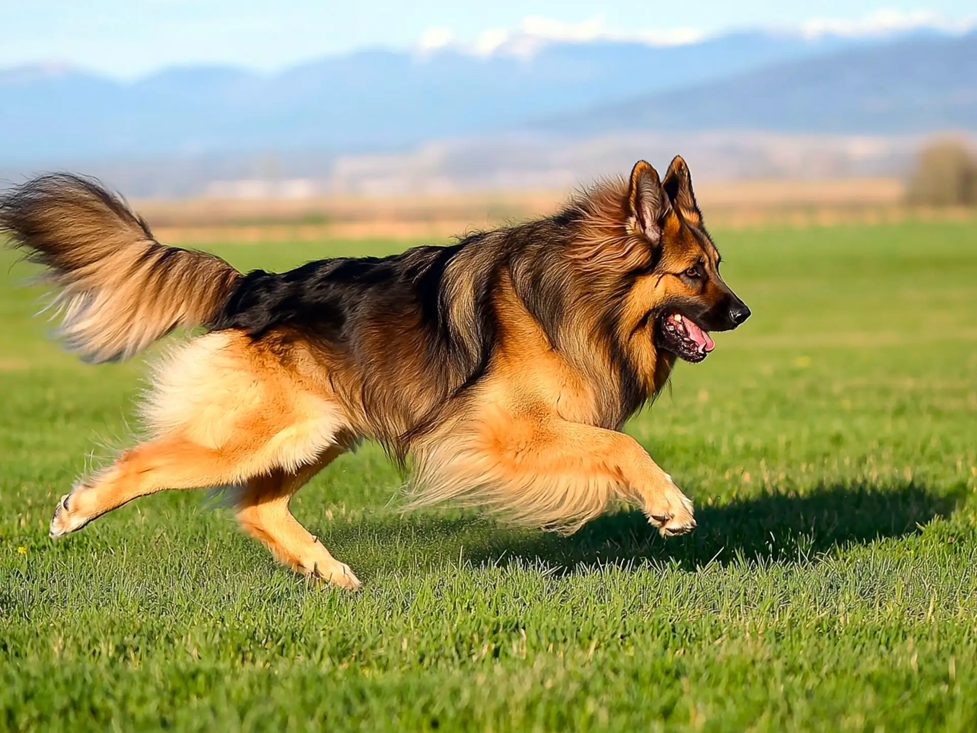 King Shepherd running across a grassy field, showcasing its athletic build and flowing coat