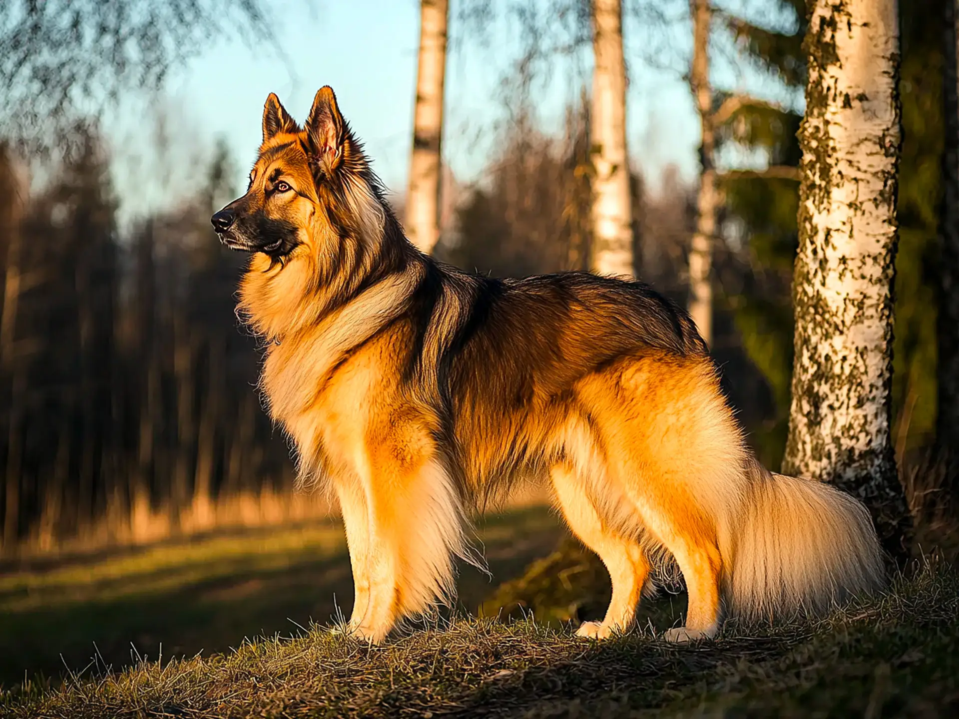 King Shepherd standing majestically in a forest clearing during golden hour