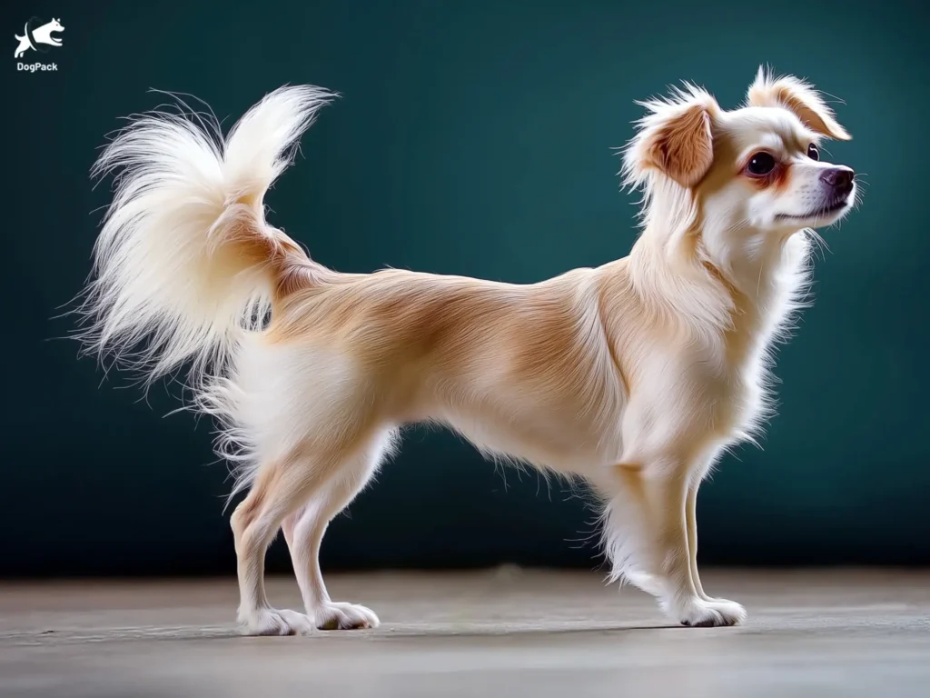 Kokoni Dog breed full body view standing against green background