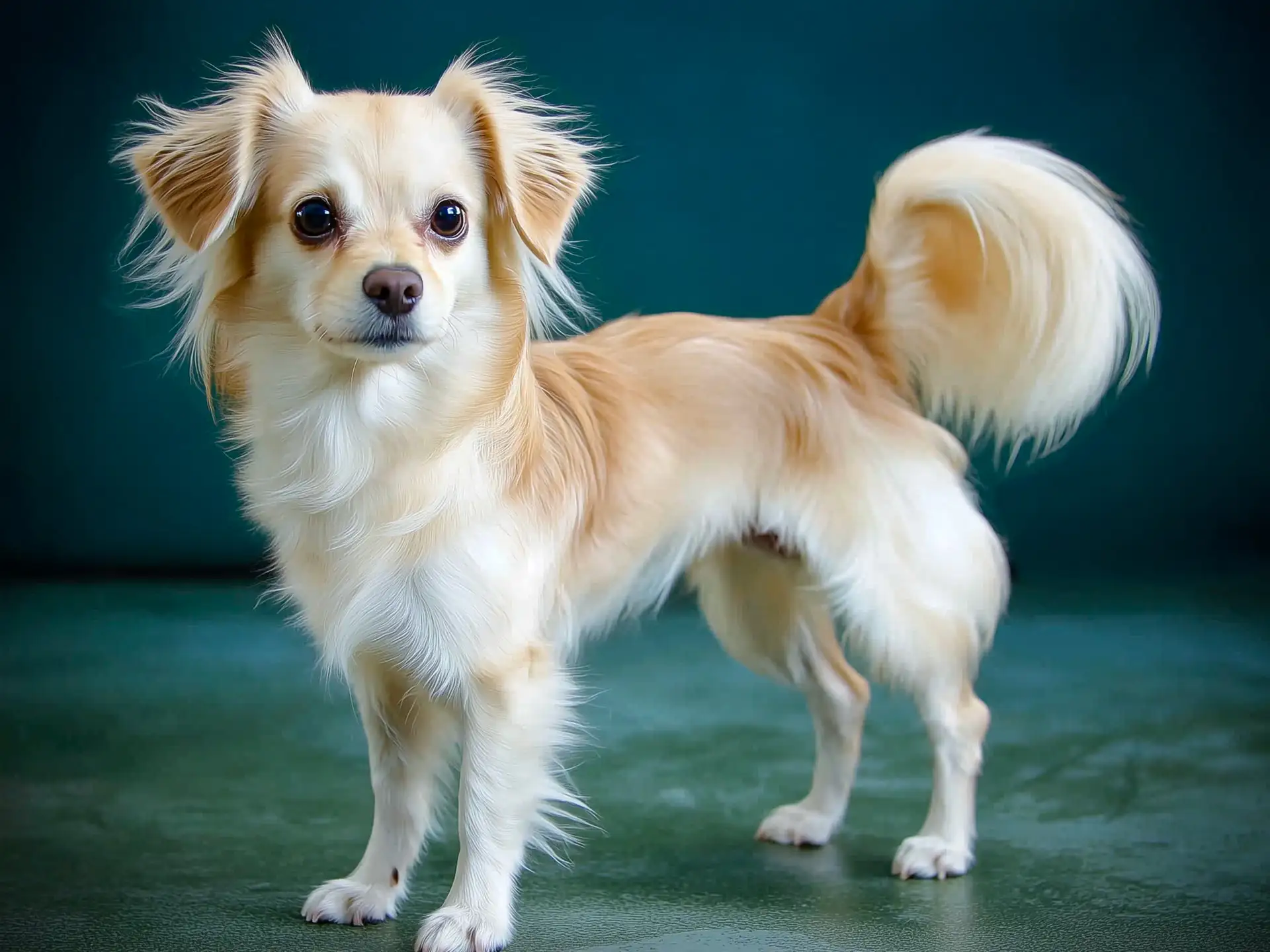 Kokoni dog with a silky cream-colored coat and fluffy tail, standing on a teal background